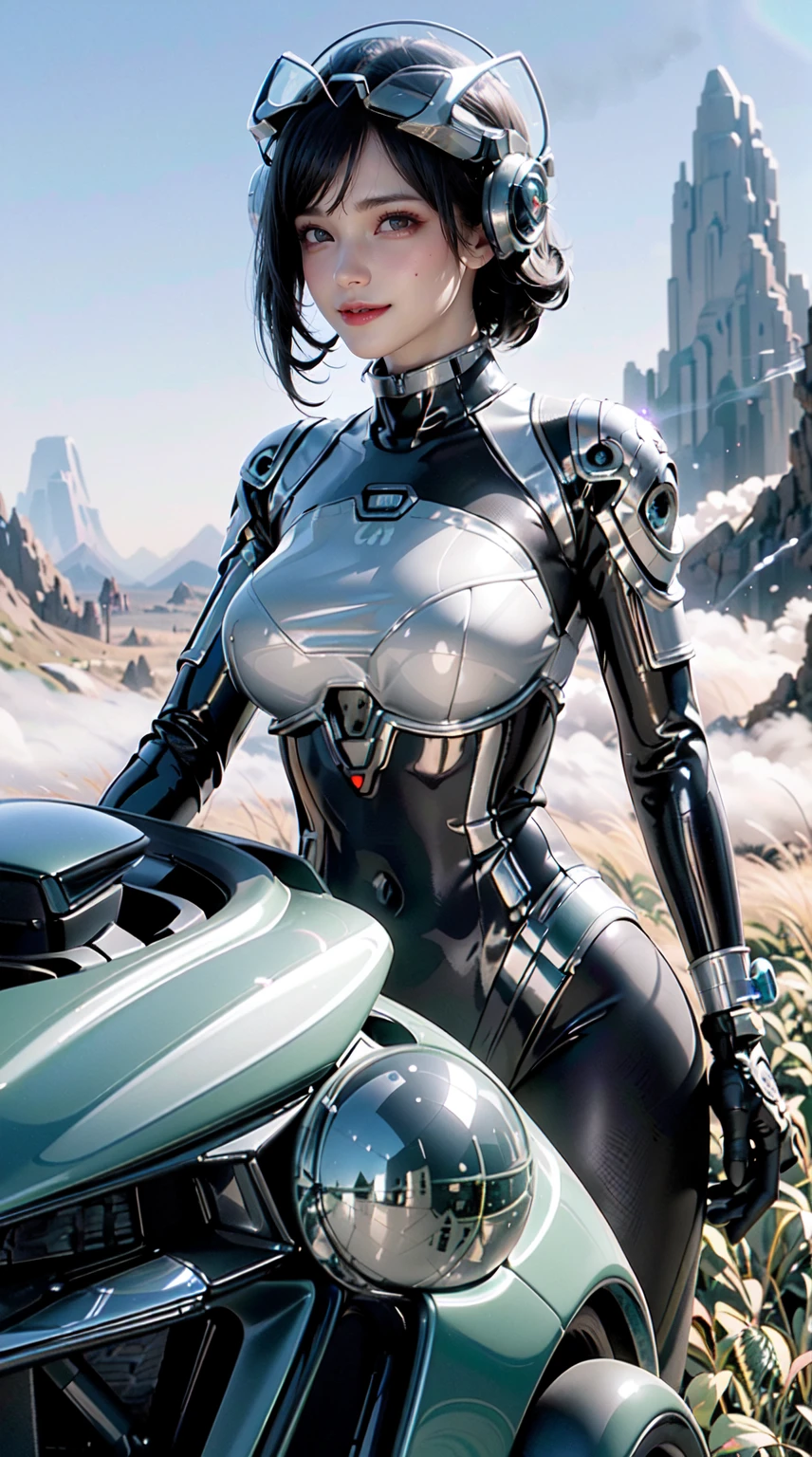 Award-winning close-up photos of women (Sci-fi explorer:1.3) Helmet with hexagonal glass visor, [Style - psychology::10], beside (Crashed vehicle:1.2), (Smoke:1.4), Gaze at a verdant alien planet, (Mountains:1.2) (tall grass:1.2), Rocks, Highly detailed, finedetail, (Intricate:1.3), (Lens flare:0.6), (back lit lighting:0.8), (full bloom:0.8), Shallow depth of field