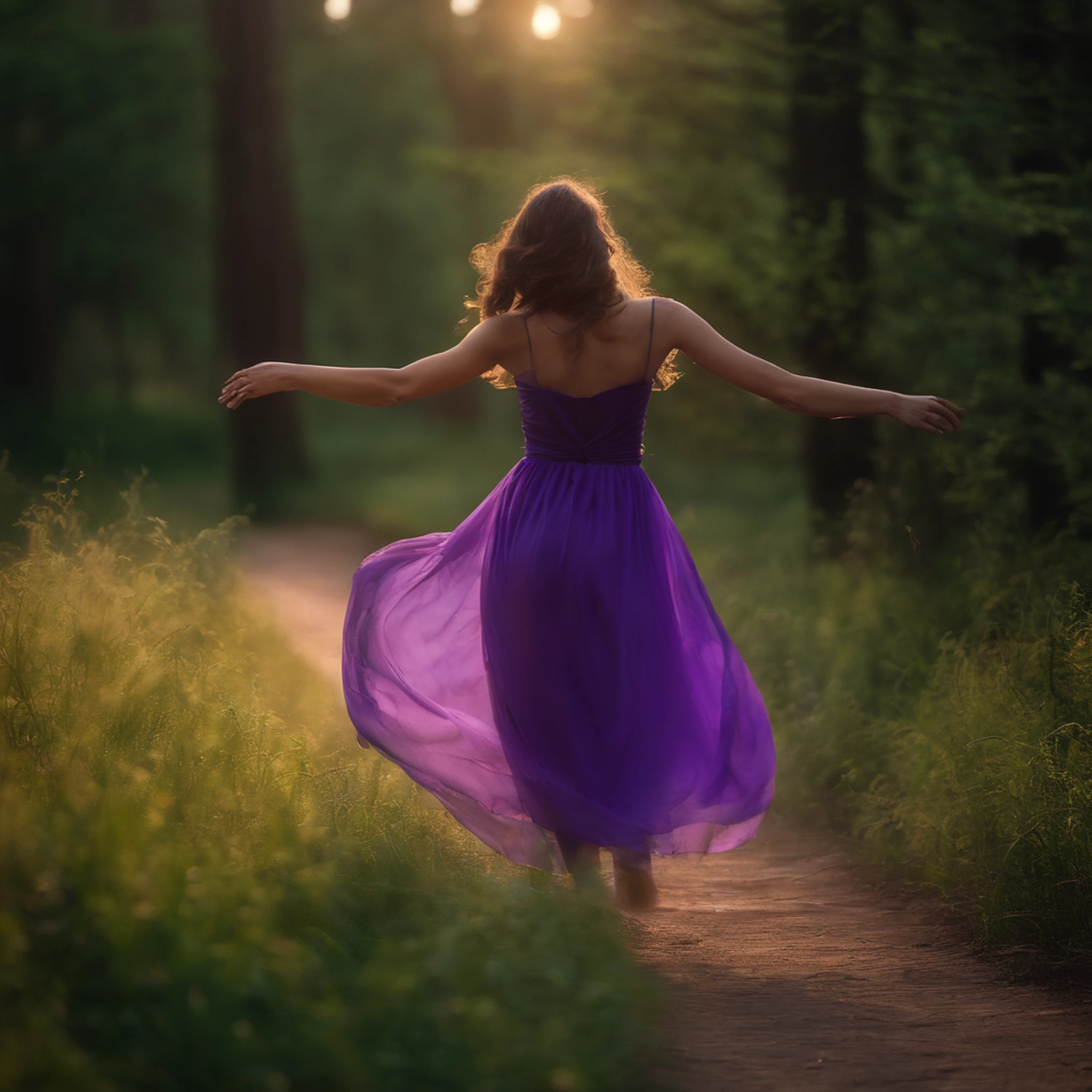 (best quality,4k,8k,highres,masterpiece:1.2),ultra-detailed,(realistic,photorealistic,photo-realistic:1.37),female silhouette dancing,forest at dusk, purple hues, orange hues, mysterious atmosphere, ethereal, enchanting, graceful movements, flowing dress, soft light, evening sunlight filtering through trees, magical ambiance, tranquility