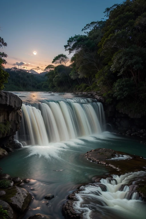 Paisagem realista de montanha, com uma lua no fundo, cachoeira que cai entre as pedras