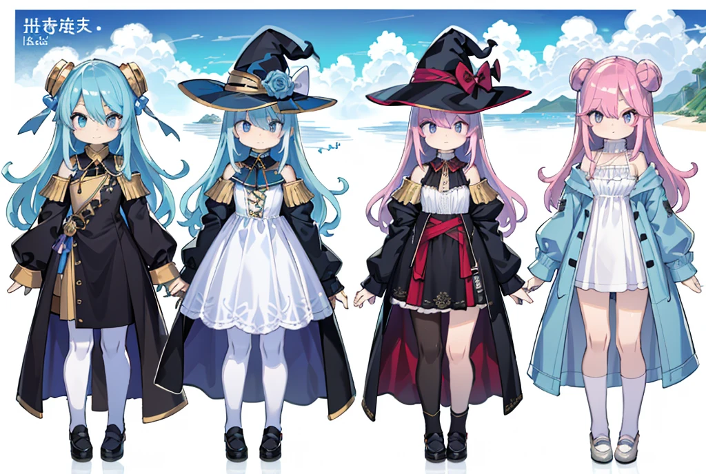 ((巨作)),(((Best quality))),(Character design sheet,Same role,The front,Lateral face,backfacing),illustration,1个Giant Breast Girl,Hair color,By bangs,hairstyle fax,Eyes,The environment changes,hairstyle fax,Pose Zi too,the clouds,As estrelas,ocean water,Blue rose charturnbetalora,(simplebackground,white backgroung:1.3),--6 Witch Otherworld White clothes Light clothes skirt Magic