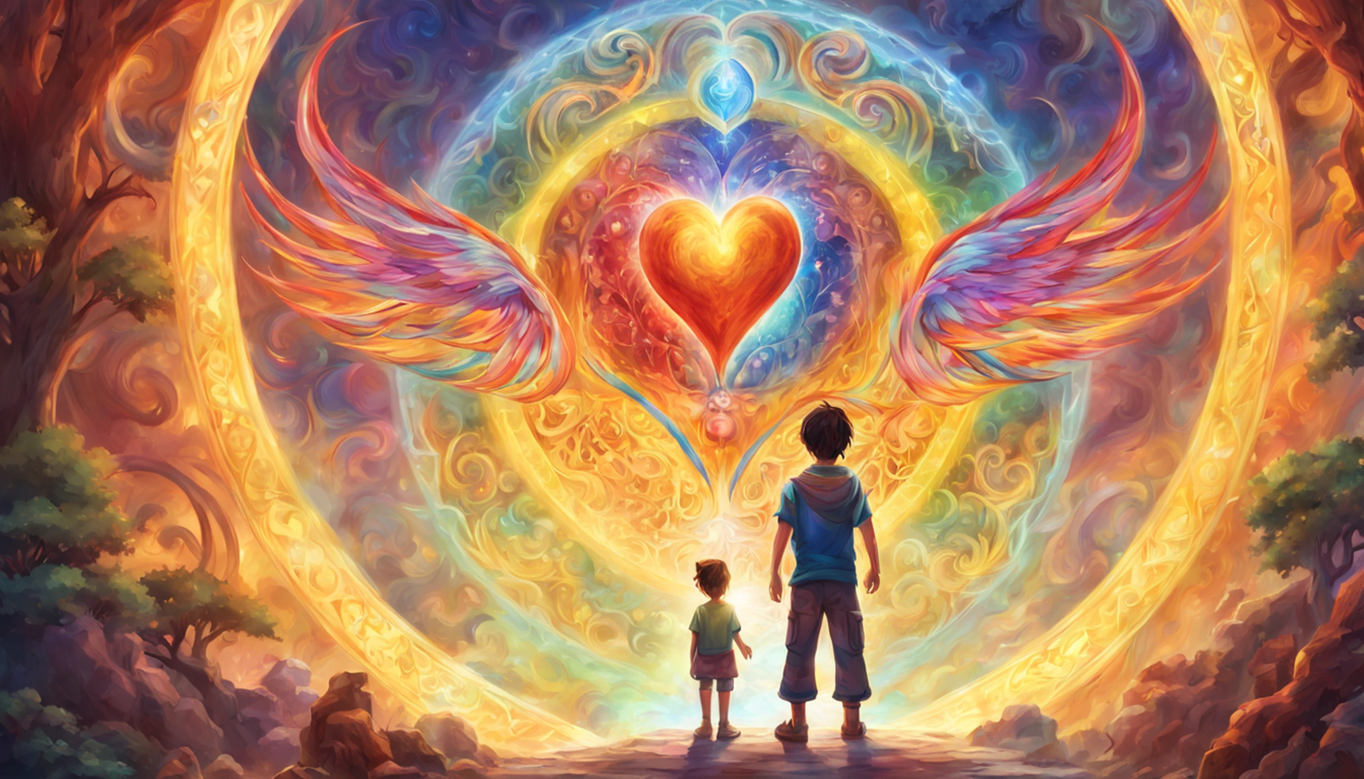 Aiden stands in front of the bright Heart of Harmony, surrounded by the three mystical creatures that guided him on his quest. The heart radiates a mesmerizing, luz multicolorida, reflecting Aiden's transformation and the unity of compassion, wisdom, and altruism. This moment symbolizes the essence of the mission's message.
