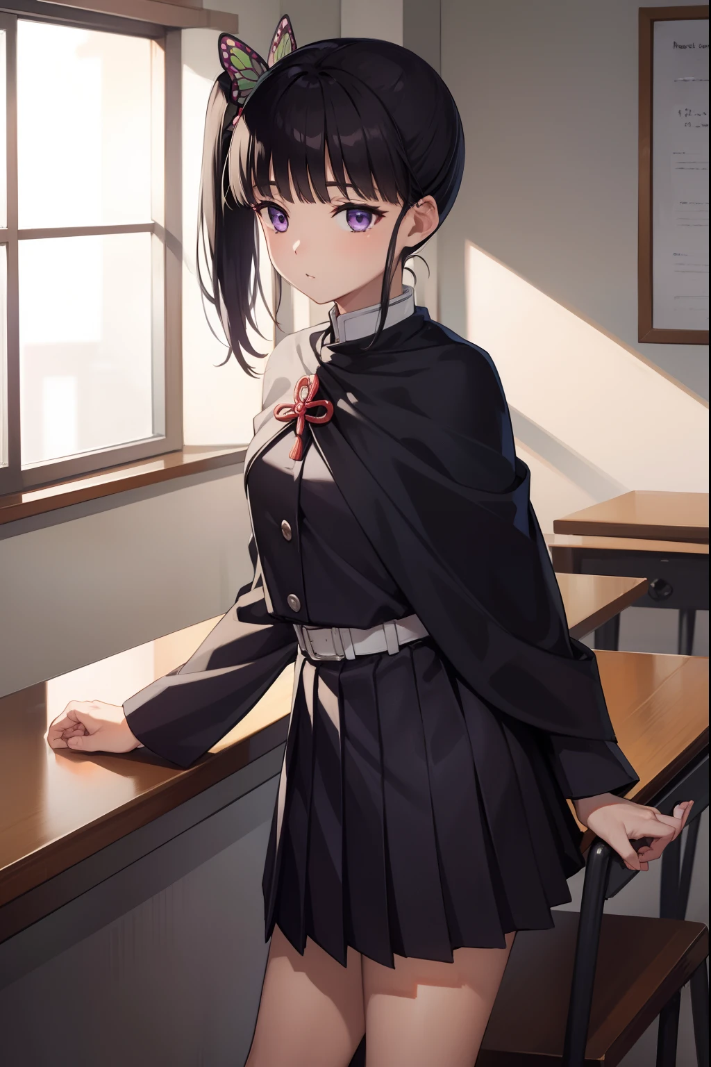 kanaotsuyuri, kanao tsuyuri, black hair, butterfly, butterfly hair ornament, (purple eyes:1.1), side ponytail, ponytail, 
BREAK black skirt, cape, demon slayer uniform, long sleeves, pleated skirt, skirt, white cape,
BREAK looking at viewer,
BREAK indoors, classroom,
BREAK (masterpiece:1.2), best quality, high resolution, unity 8k wallpaper, (illustration:0.8), (beautiful detailed eyes:1.6), extremely detailed face, perfect lighting, extremely detailed CG, (perfect hands, perfect anatomy),