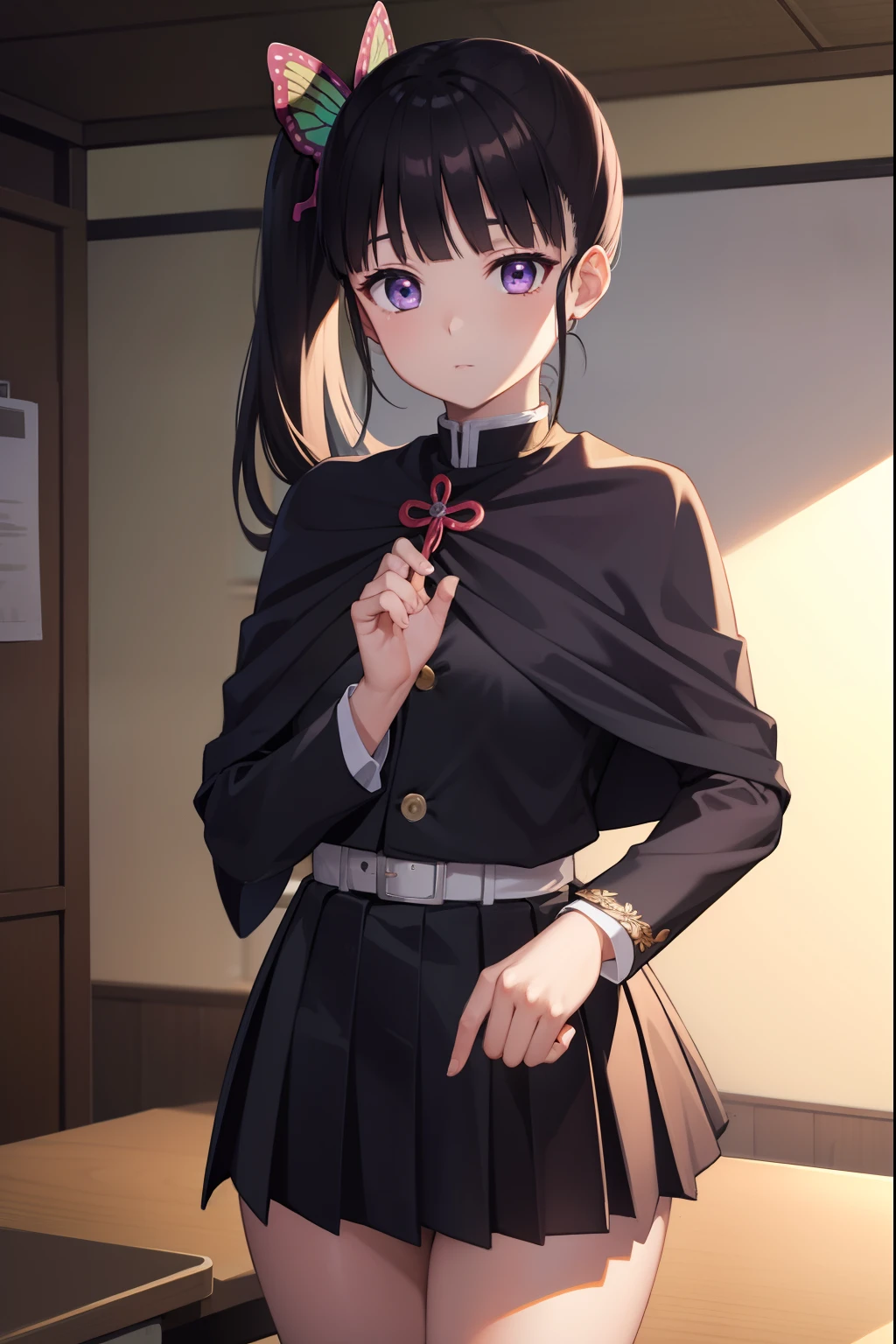 kanaotsuyuri, kanao tsuyuri, black hair, butterfly, butterfly hair ornament, (purple eyes:1.1), side ponytail, ponytail, 
BREAK black skirt, cape, demon slayer uniform, long sleeves, pleated skirt, skirt, white cape,
BREAK looking at viewer,
BREAK indoors, classroom,
BREAK (masterpiece:1.2), best quality, high resolution, unity 8k wallpaper, (illustration:0.8), (beautiful detailed eyes:1.6), extremely detailed face, perfect lighting, extremely detailed CG, (perfect hands, perfect anatomy),