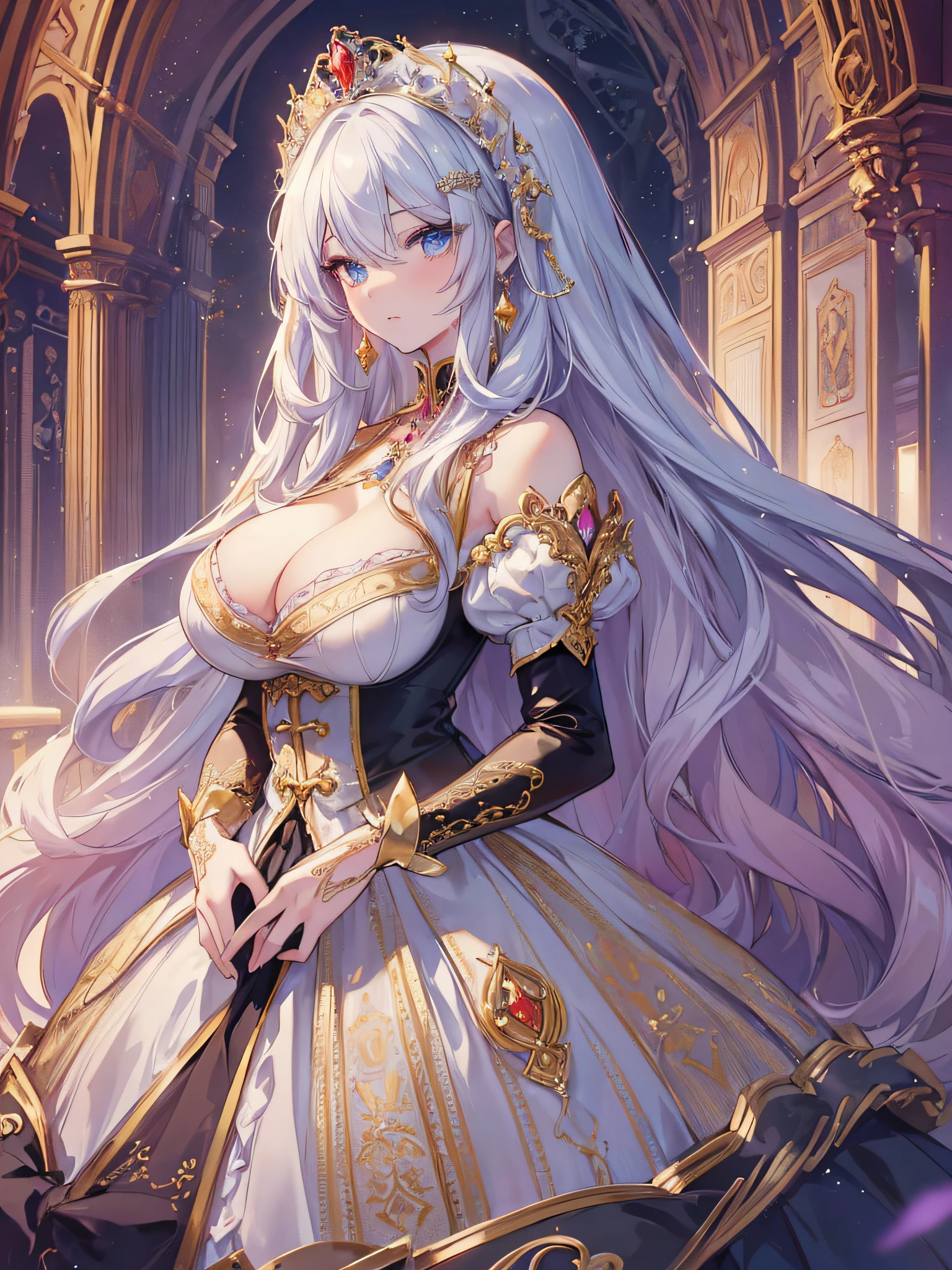 anime artstyle,Masterpiece,(Best Quality), (Super Detail),(Very Delicate and Beautiful),(Solo),((full body portrait)),full body,full body portrait,(detailed face and eyes),jewel-like beautiful eyes,((1 princess in a beautiful embroidery and jeweled rococo princess ballgown with voluminous full length hoop skirt)),((fantasy castle,outdoors,outside the castle)),((Crinoline,Long Train)),super detailed gorgeous princess ballgown with voluminous full length hoop skirt,jeweled Gorgeous rococo princess ballgown with long train,jeweled Gorgeous rococo princess ballgown with long train,gorgeous rococo princess ballgown with beautiful embroidery and jeweled,((large amount of straight hair,extremely voluminous Very Long straight Hair,Absolutely Long Straight Hair)),(((very gigantic boobs,cleavage))),long_gloves,extremely gorgeousfull hair ornament,bling-bling extremely gorgeousfull jeweled tiara,luxurious jewelry,full body portrait