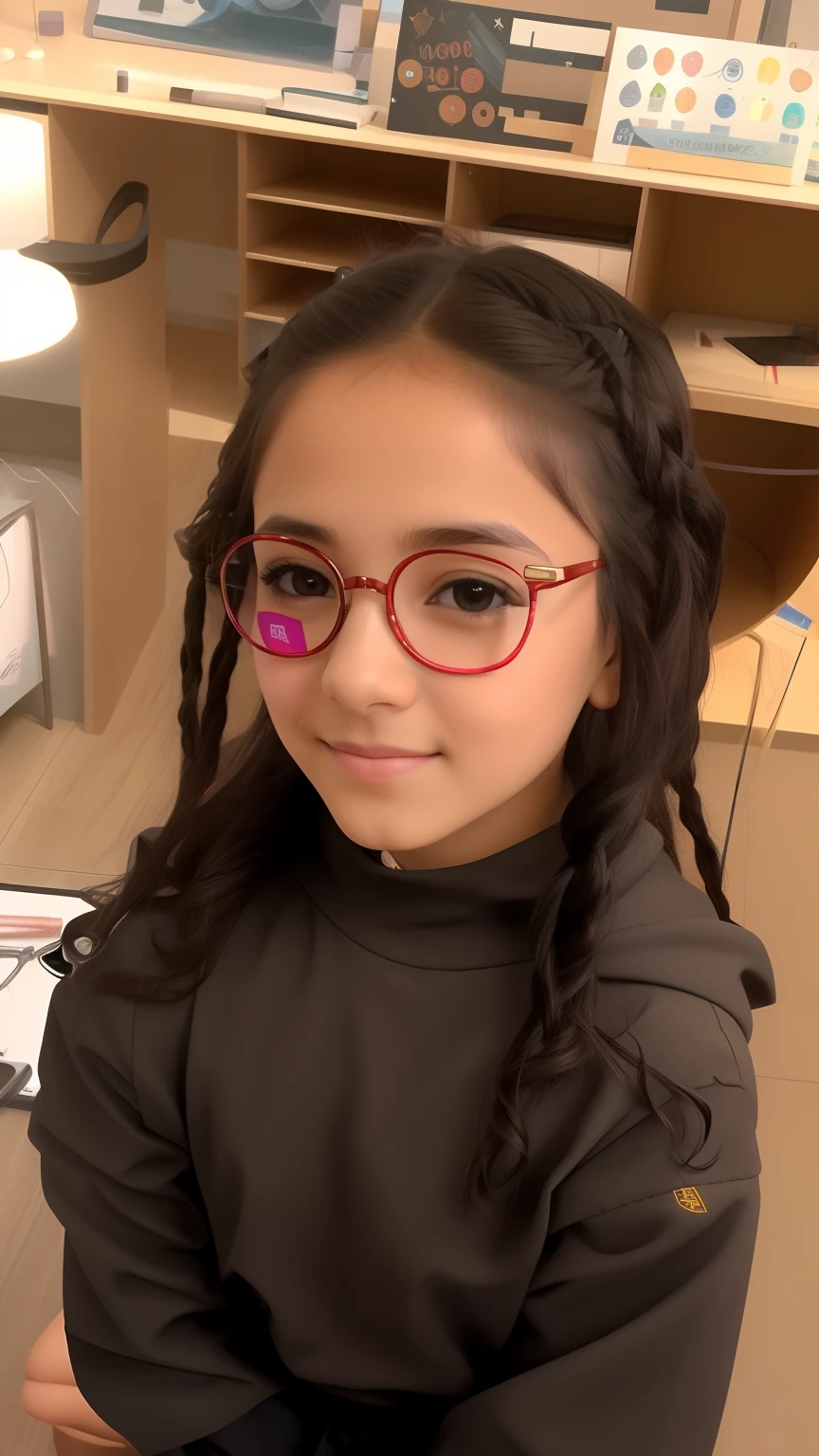 Girl with Harry Potter glasses, morena de cabelos encaracolados, alegre, Funny, Drawing and playing on your phone.