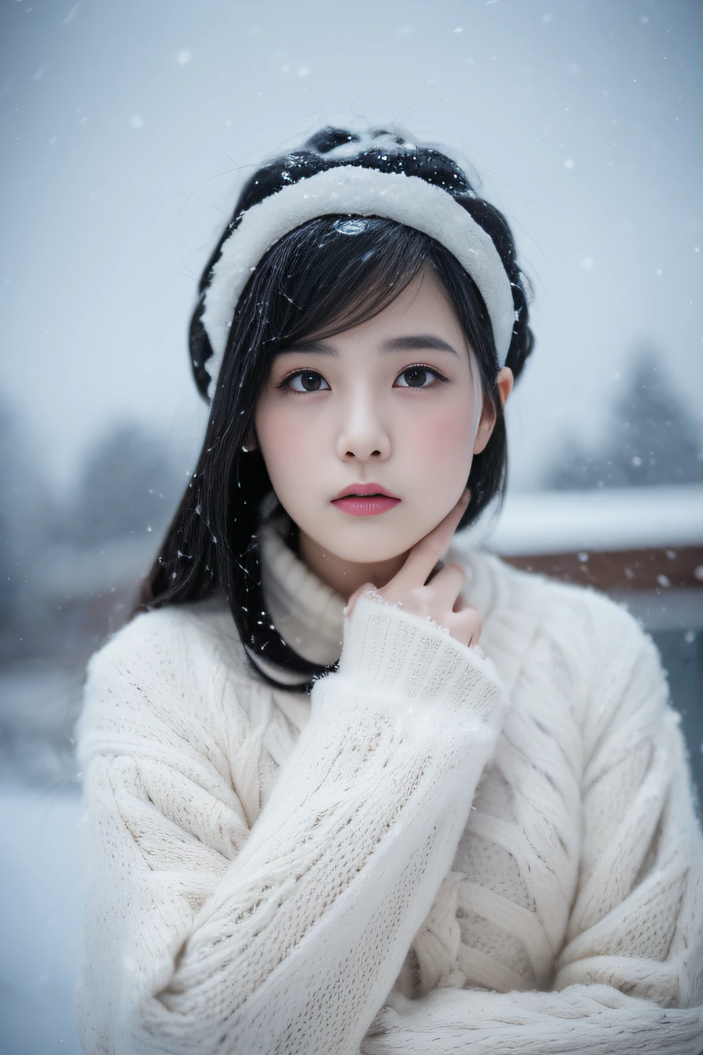(in 8K、top-quality、masutepiece、超A high resolution:1.2) 、(Cold style:1.1) 、(Gloomy winter snow:1.4) 、Beautiful realistic Japan woman、22year old、long、Winter costume、professional photograpy、artistic、