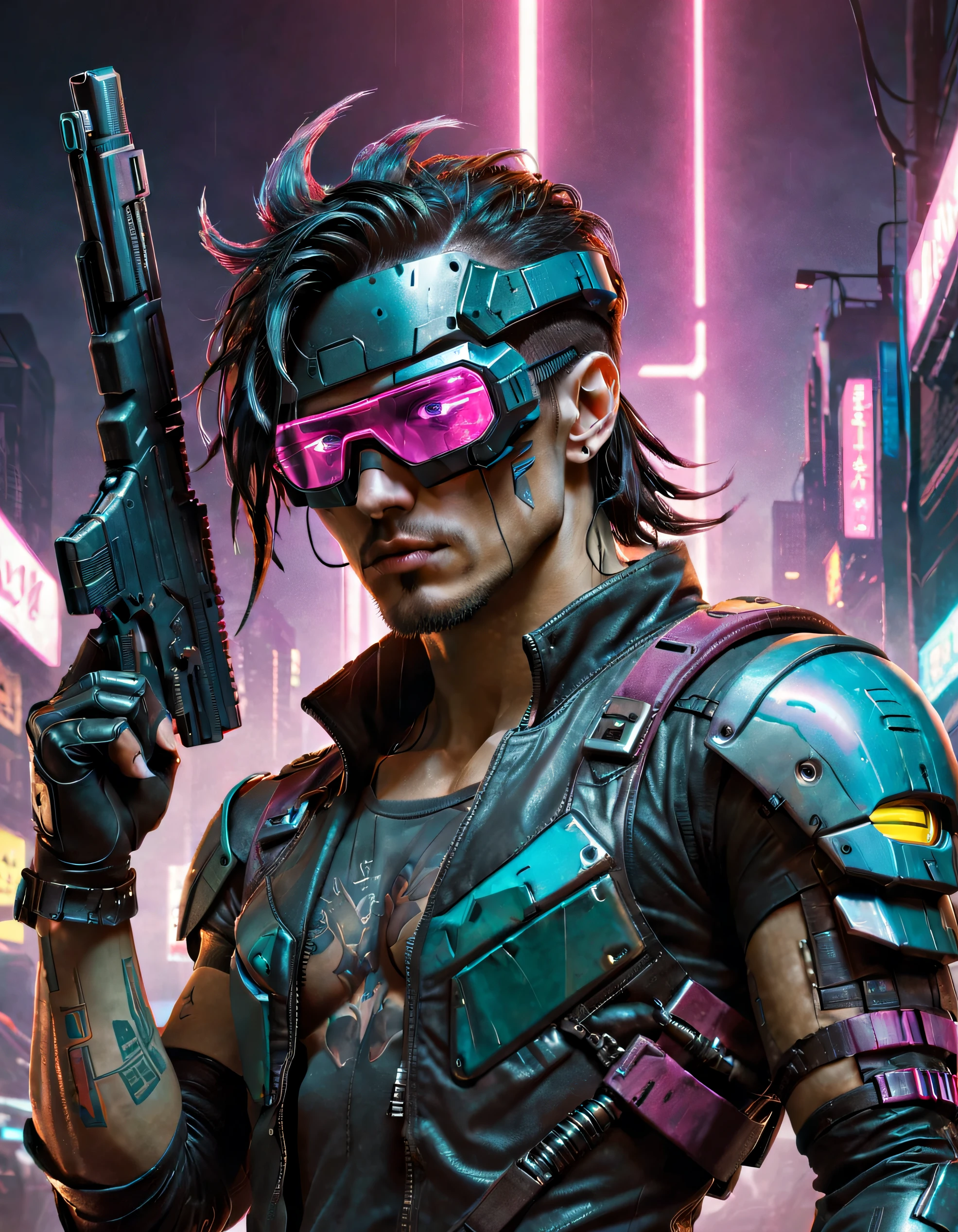 um homem com uma arma e um capacete segurando uma arma, musculoso! Cyberpunk, masterpiece epic retrowave art, Jen Bartel, cyber space cowboy, badass anime 8 k, Estilo de arte cyberpunk, Cara cyberpunk, Retrowave Epic Art, Epic retrowave art, cyberpunk hero, Marvel 8 0 S Estilo, arte da capa dos quadrinhos cyberpunk, 8 0 s sci - arte em quadrinhos fi