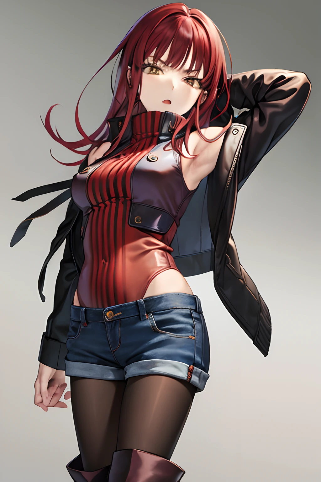 masutepiece, Best Quality, absurderes, Perfect Anatomy, 1girl in, Solo, Yoko Katori, Long hair, Knitted outerwear、Denim shorts, ((pantyhose))、((boots))、((Sleeveless jacket))
