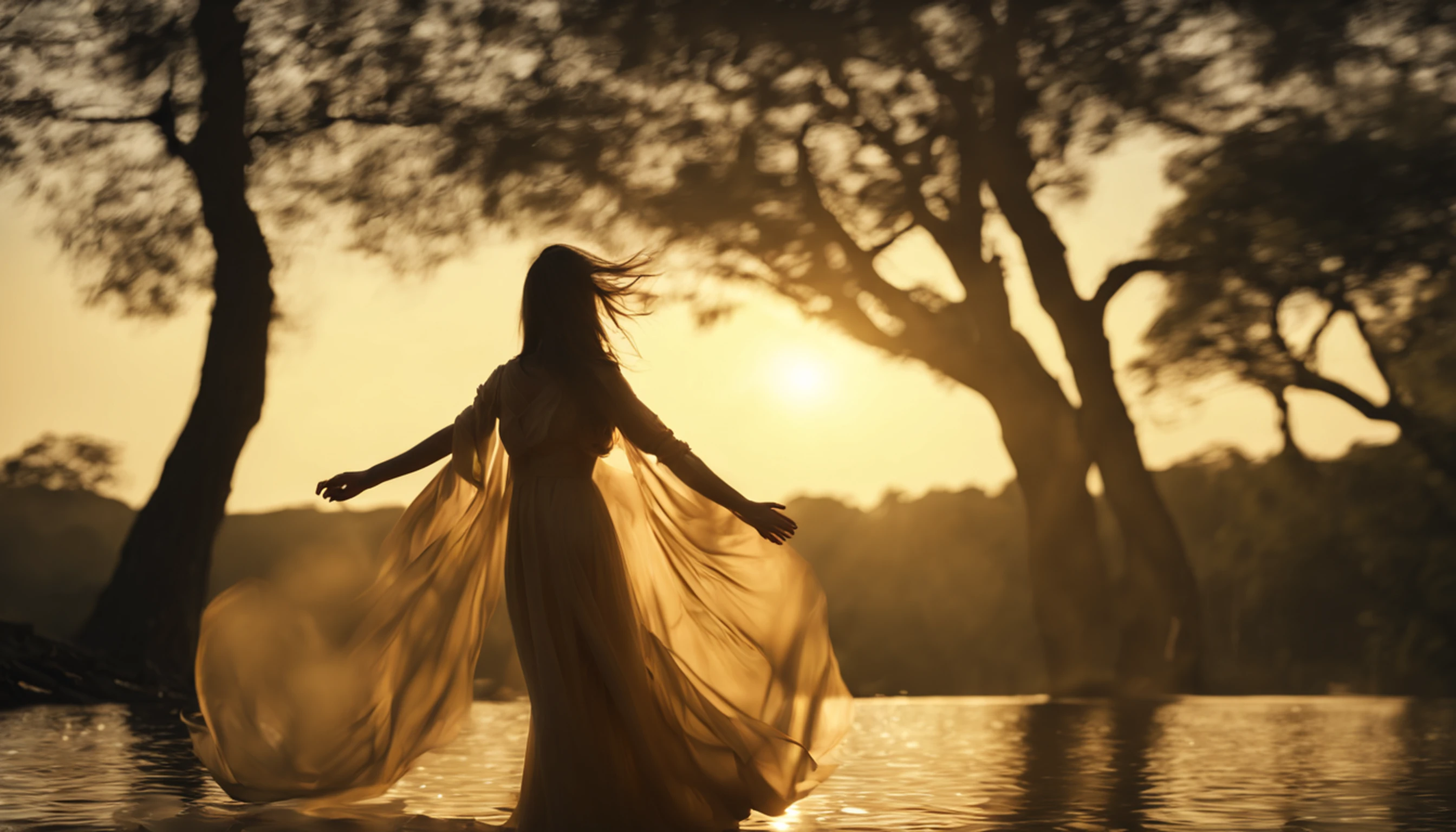 (melhor qualidade,4k,8k,Altas,master part:1.2),ultra-detalhado,(Realistic,fotorrealista,photo-realistic:1.37),Female silhouette dancing,Floresta ao entardecer, tons roxos, Tons alaranjados, Atmosfera misteriosa, Ethereal, Encantadora, movimentos graciosos, Flowing dress, luz suave, Sunlight at night filtering through the trees, magical ambiance, tranquilidade