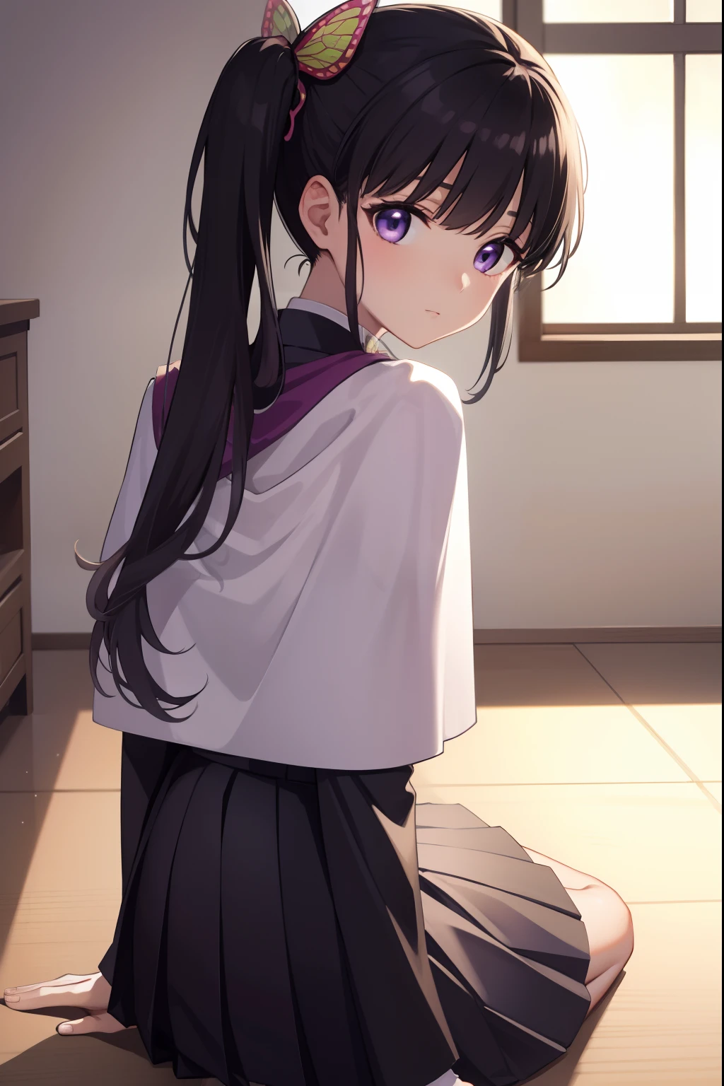 kanaotsuyuri, kanao tsuyuri, black hair, butterfly, butterfly hair ornament, (purple eyes:1.1), side ponytail, ponytail, 
BREAK black skirt, cape, demon slayer uniform, long sleeves, pleated skirt, skirt, white cape,
BREAK looking at viewer,
BREAK indoors, classroom,
BREAK (masterpiece:1.2), best quality, high resolution, unity 8k wallpaper, (illustration:0.8), (beautiful detailed eyes:1.6), extremely detailed face, perfect lighting, extremely detailed CG, (perfect hands, perfect anatomy),