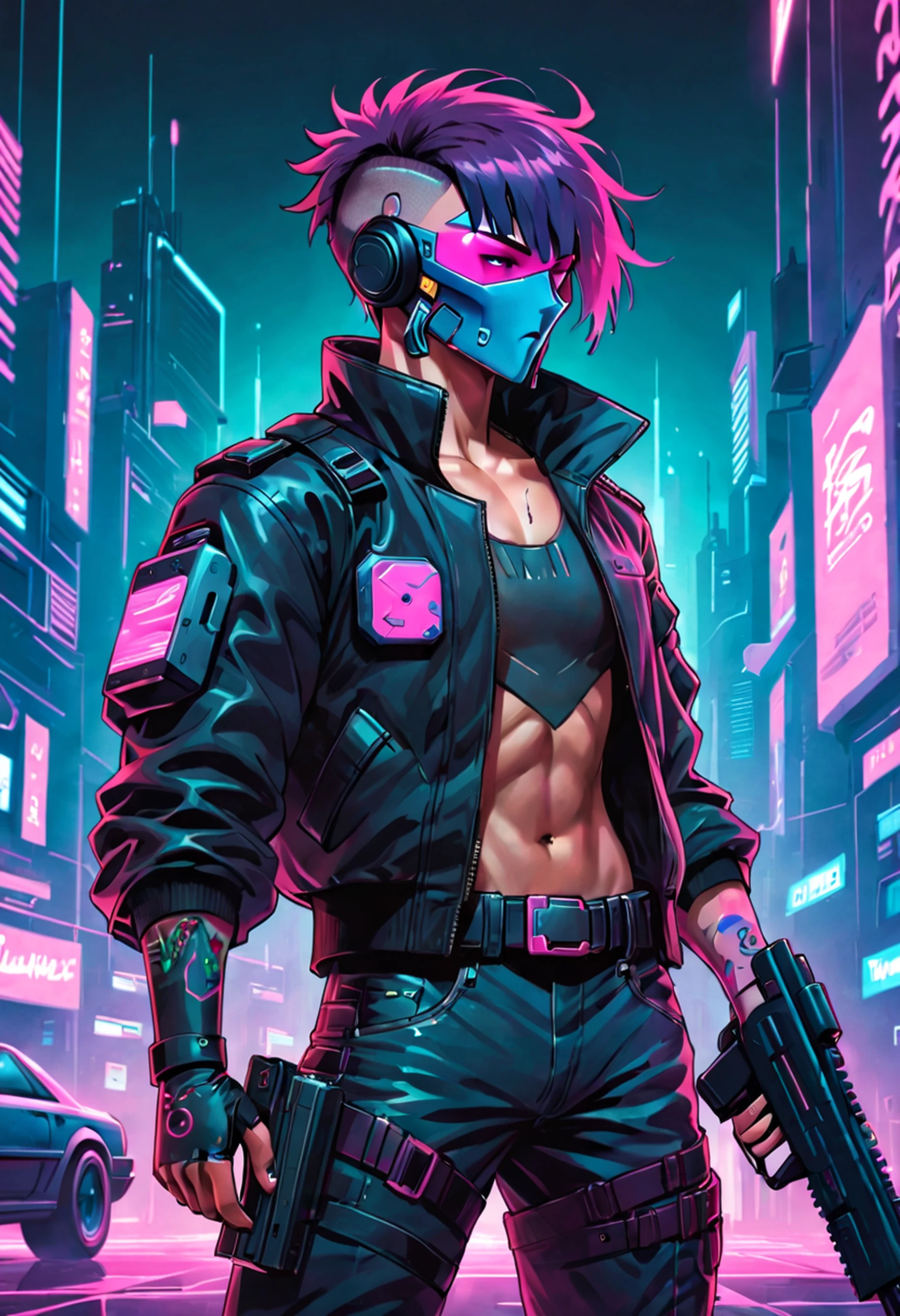 um homem com uma arma e um capacete segurando uma arma, musculoso! Cyberpunk, masterpiece epic retrowave art, Jen Bartel, cyber space cowboy, badass anime 8 k, Estilo de arte cyberpunk, Cara cyberpunk, Retrowave Epic Art, Epic retrowave art, cyberpunk hero, Marvel 8 0 S Estilo, arte da capa dos quadrinhos cyberpunk, 8 0 s sci - arte em quadrinhos fi