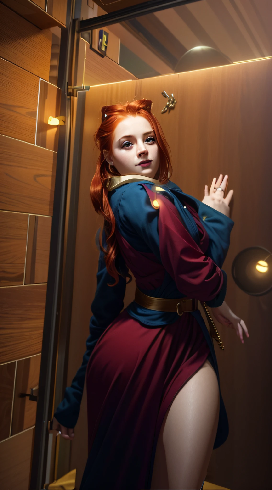 A girl with red hair in an 8k masterpiece, with insane details, in a cute and bright comic style. The girl has a clear face and clear eyes. The artwork is of the best quality with consistent colors and lighting. The overall style is arcane, adding a touch of mystery to the image.
