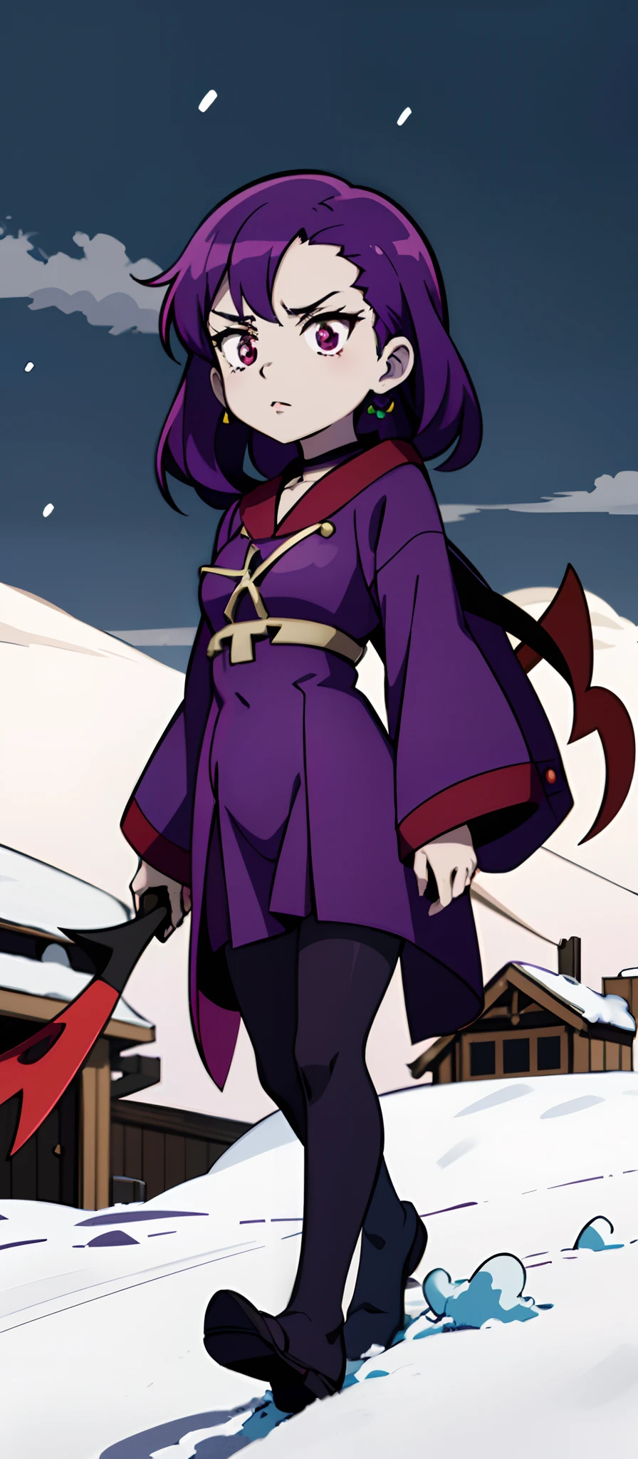 anime chibi girl with purple hair and purple dress walking in the snow, anime moe artstyle, demon slayer rui fanart, in dark purple robes, gapmoe yandere grimdark, chibi, shalltear from overlord, tsukasa dokite, marin kitagawa fanart, misato katsuragi, gapmoe yandere, in an anime style, demon slayer artstyle