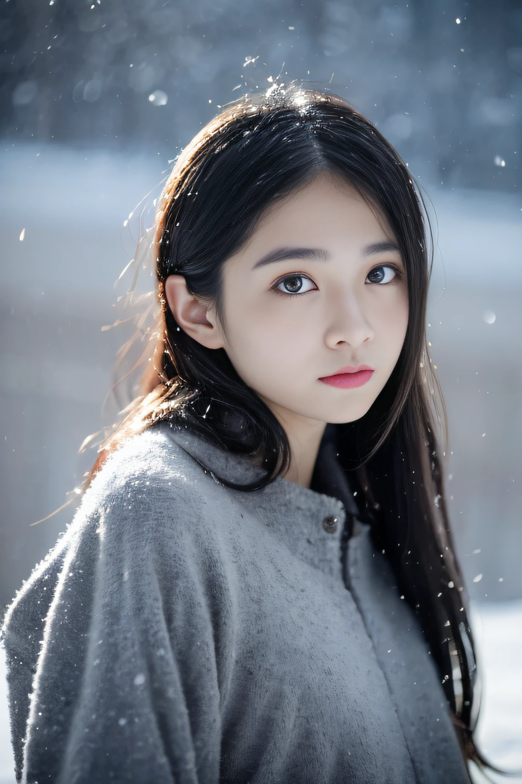 (in 8K、top-quality、masutepiece、超A high resolution:1.2) 、(Cold style:1.1) 、(Gloomy winter snow:1.4) 、Beautiful realistic Japan woman、22year old、bob、Winter costume、professional photograpy、artistic、A faint smile、