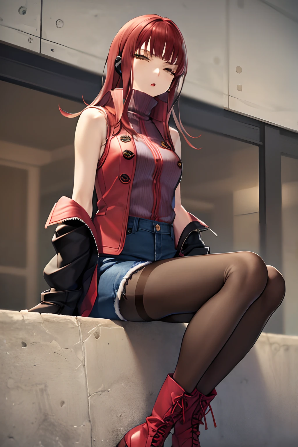 masutepiece, Best Quality, absurderes, Perfect Anatomy, 1girl in, Solo, Yoko Katori, Long hair, Knitted outerwear、Denim shorts, ((pantyhose))、((boots))、((Sleeveless jacket))