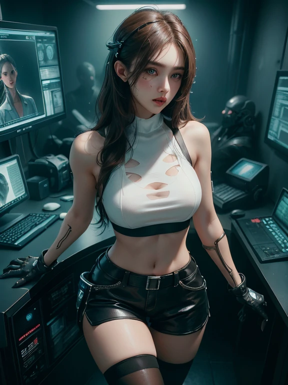 (natural skin texture, hyperrealism, soft light, sharp), full body shot, 24yo women, brown hair, cyberpunk, doctor, dark cyberware, dim light, in ripperdoc clinic, cyberware on body, metal hand, stockings, shorts, white top, detailed face, accurate face