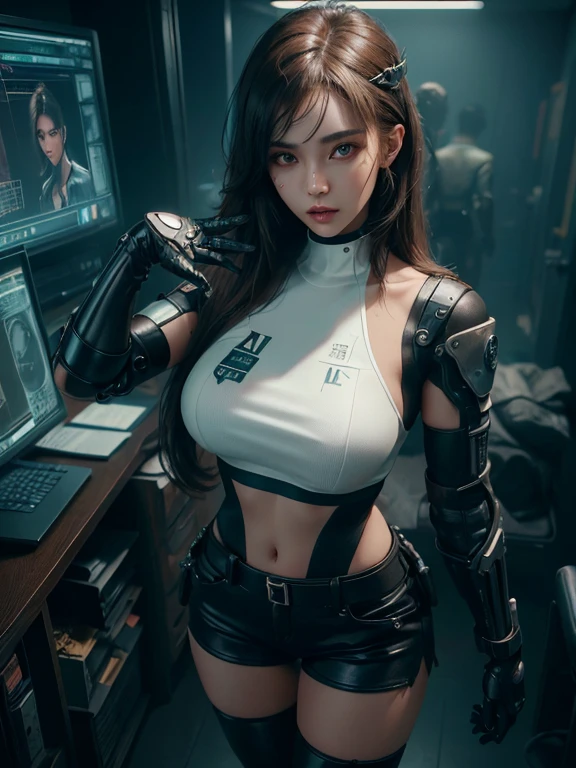 (natural skin texture, hyperrealism, soft light, sharp), full body shot, 24yo women, brown hair, cyberpunk, doctor, dark cyberware, dim light, in ripperdoc clinic, cyberware on body, metal hand, stockings, shorts, white top, detailed face, accurate face