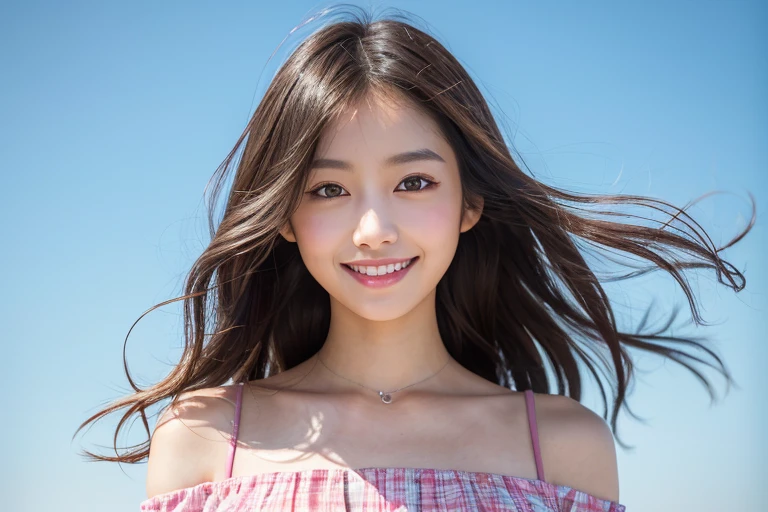 (8K、Raw photography、top-quality、masterpiece:1.2)、ultra-detailliert、ultra res、Movie shots、(Photorealsitic:1.4)、Frolic at the water's edge、Full body shot、fully body photo、high resolution RAW color photos、ami、professional photograpy、Sun Beach、Atmospheric scenery、highly detailed and beautiful、An ultra-high picture quality、8K Wallpaper、amazing detailed、huge filesize、very detailed beautiful girls、very detailed faces very detailed eyes、Very realistic skin、 extremely detailed fingers, highly detailed nose, highly detail mouth, perfect anatomia, highly detailed back ground, Very detailed clothes, Teen, Cute little girl s, famous Japan idol, cute little, Realistic body, slender, de pele branca, glistning skin, Slim body, Long straight hair, (bluntbangs:1.2), Lifelike face, Delicat eyes, 二重まぶた, hight resolution,masutepiece,Best Quality,Extremely detailed, hyper realisitic, girl with,hair wavy, A smile, black pleats skirt, White see-through shirt, off shoulders, 鎖骨, dynamic compositions, Very beautiful,Cute, 8K Wallpaper, Fine detail, High-definition 8K wall puppet 、Pink Eye Shadow、hi-school girl、A smile、Hair that flutters in the wind