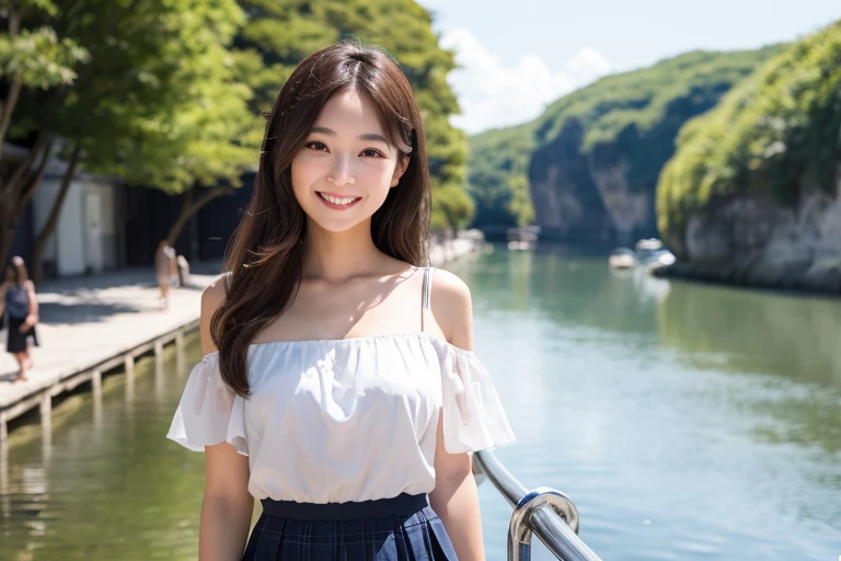 (8K、Raw photography、top-quality、masterpiece:1.2)、ultra-detailliert、ultra res、Movie shots、(Photorealsitic:1.4)、Frolic at the water's edge、Full body shot、fully body photo、high resolution RAW color photos、ami、professional photograpy、Sun Beach、Atmospheric scenery、highly detailed and beautiful、An ultra-high picture quality、8K Wallpaper、amazing detailed、huge filesize、very detailed beautiful girls、very detailed faces very detailed eyes、Very realistic skin、 extremely detailed fingers, highly detailed nose, highly detail mouth, perfect anatomia, highly detailed back ground, Very detailed clothes, Teen, Cute little girl s, famous Japan idol, cute little, Realistic body, slender, de pele branca, glistning skin, Slim body, Long straight hair, (bluntbangs:1.2), Lifelike face, Delicat eyes, 二重まぶた, hight resolution,masutepiece,Best Quality,Extremely detailed, hyper realisitic, girl with,hair wavy, A smile, black pleats skirt, White see-through shirt, off shoulders, 鎖骨, dynamic compositions, Very beautiful,Cute, 8K Wallpaper, Fine detail, High-definition 8K wall puppet 、Pink Eye Shadow、hi-school girl、A smile、Hair that flutters in the wind