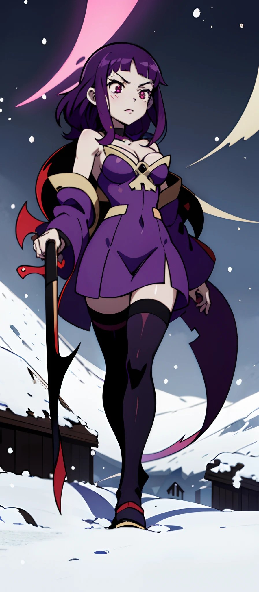 anime chibi girl with purple hair and purple dress walking in the snow, anime moe artstyle, demon slayer rui fanart, in dark purple robes, gapmoe yandere grimdark, chibi, shalltear from overlord, tsukasa dokite, marin kitagawa fanart, misato katsuragi, gapmoe yandere, in an anime style, demon slayer artstyle