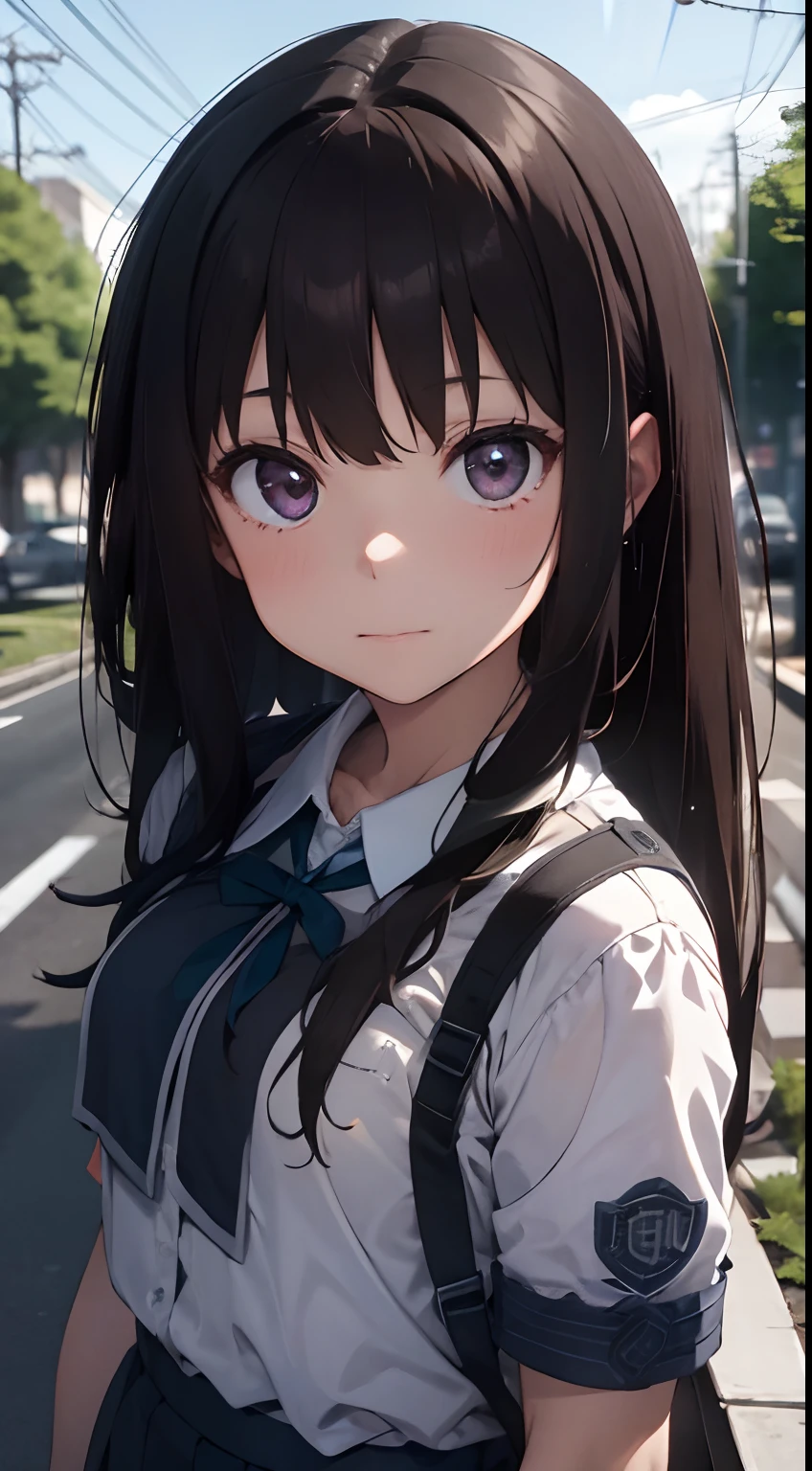 a female and a male, they are two students, wearing school uniform, lonely, rainny, around school, trees are beside the road, poddle of water reflectiing these two people, reflecting, a rainbow is on the sky, polar opposites, symmetry, panorama, perspective, ray tracing, reflection light, depth of field, close-up, masterpiece, best quality, high details, high quality, textured skin, ccurate, UHD, HD