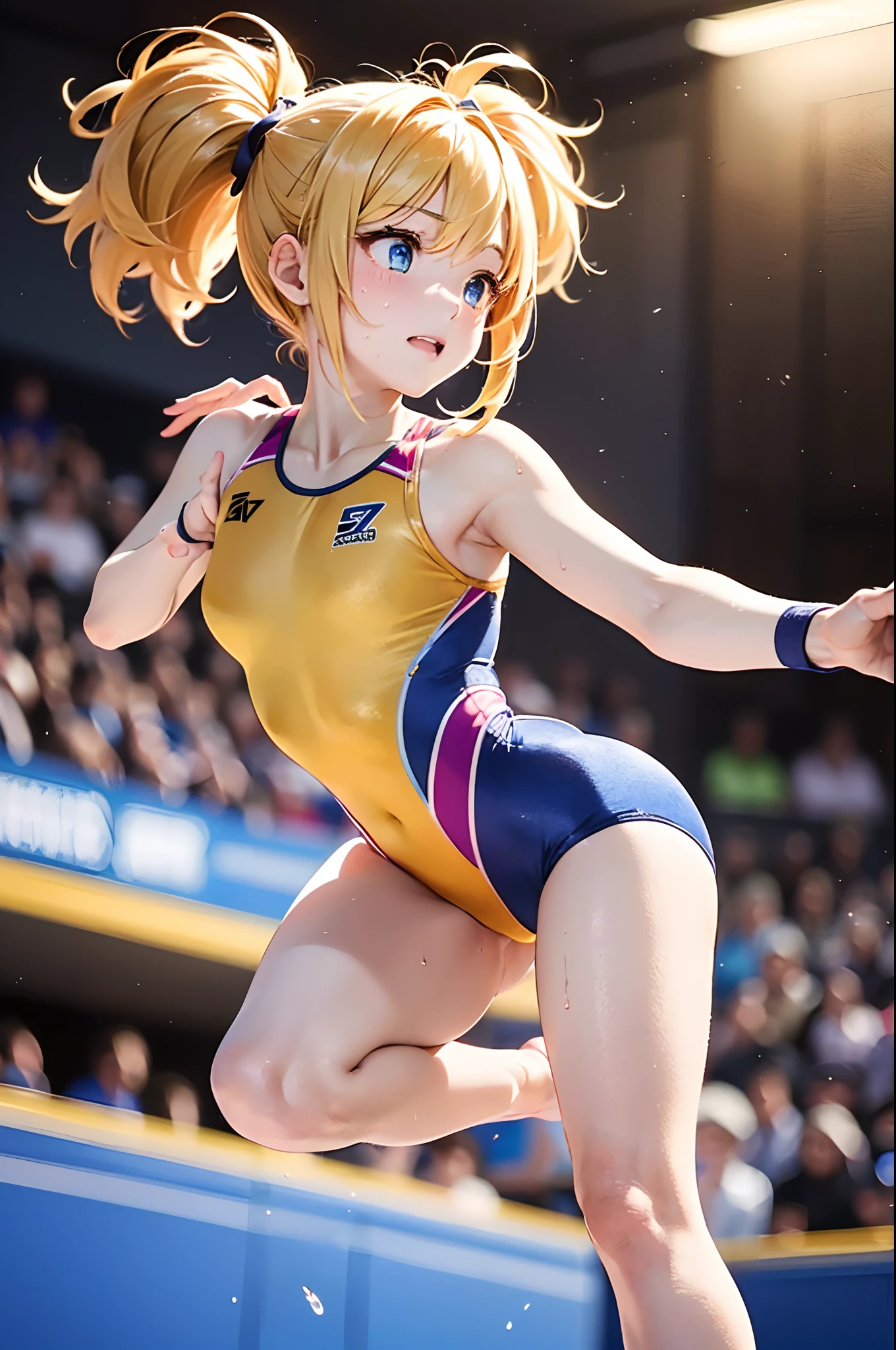 (Official art、Best Quality、Unity 8k Wallpapers、32K、​masterpiece、ultra-detailliert、超A high resolution、realisitic、Photorealsitic:1.2)、(Cinematic lighting:1.2)、((Full body))、Realistic pupils、Sharp pupils、gymnast、foco nítido、Wearing a brightly colored leotard、highleg leotard、(Embarrassed look:1.2)、I opened my mouth a little.、A slight smil、Gymnastics competition venue、There were a lot of people in the audience、It has an enthusiastic audience、Beautiful hair of golden color、Blue colored eyes、thighs thighs thighs thighs、poneyTail、(During gymnastics competitions:1.2)、(Sweating:1.2)、