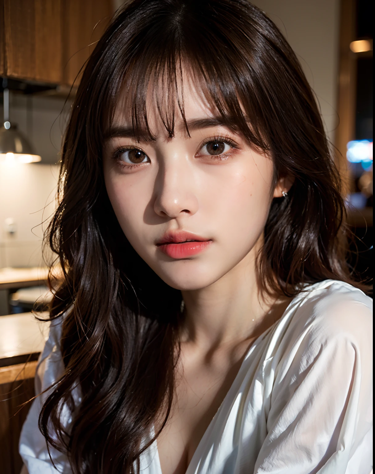 ((close-up:1.2)) best quality,masterpiece,ultra high res,(photorealistic:1.4),raw photo,(Authentic skin texture:1.3),(film grain:1.3),panorama,face shot,night,(()),streaming tears,,dust,Tyndall effect,(expression),1girl,beautiful detailed eyes and face,brown eyes,looking at the audience ((brown hair:1.2)) ((long hair)) ((half french and half korean:1.3)) ((in my house:1.2))((facing the camera:1.3))((face shot:1.3))((head shot:1.3))((blush:1.3))