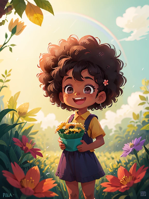 An afro girl stood in the rainbow colored field, sorrindo amplamente, holding flowers in hand, brilhando na luz de fundo, e o sol brilhava.