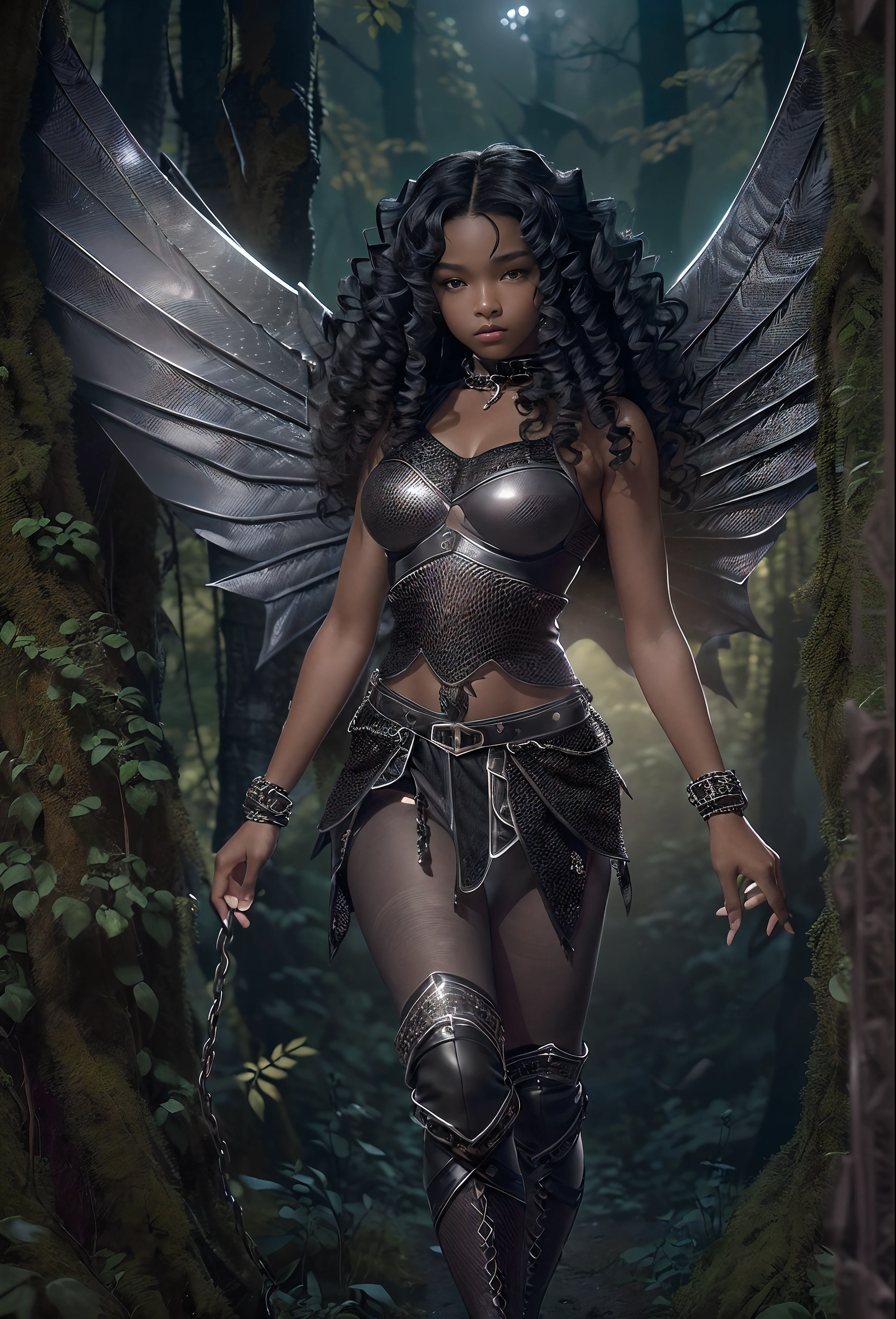 ((18-year-old))), black girl, (((light skin))), (((full body pose))), (((long curly black hair))), (((wearing tight chainmail micromini skirt, chainmail bra, open front cloak, wings))), (((seamless, black, pantyhose))), standing in the dark woods at night, moonlight shining through the dense canopy, (((dark castle in the background))), dark fantasy, Gothic, Rich, Deep Colours, (intricate details:0.9), (HDR, hyper-detailing:1.2), (natural skin textures, hyper realisitc, glistening skin, soft light, Sharp),