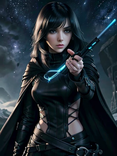 ((emo_hairstyle)), (((Jessica_Faulkner))), tronwear, pale skin, tight black cloak, pale blue eyes, aiming gun, long hair, straight hair, long bob, (((black hair))), white skin, pale, white, spaceship, gun, moon, leather turtleneck, Milky Way Galaxy, pointing at viewer, weapon, long bob hairstyle, swept bangs, (best quality, 8k, masterpiece:1.2, nsfw, ultra-detailed, realistic, photorealistic)