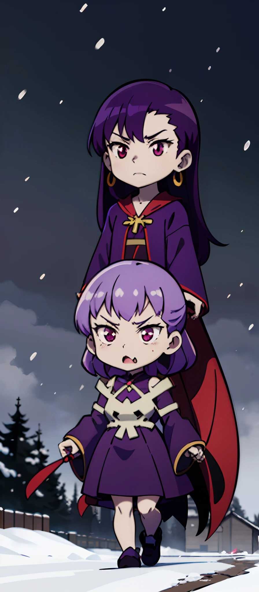 anime chibi girl with purple hair and purple dress walking in the snow, anime moe artstyle, demon slayer rui fanart, in dark purple robes, gapmoe yandere grimdark, chibi, shalltear from overlord, tsukasa dokite, marin kitagawa fanart, misato katsuragi, gapmoe yandere, in an anime style, demon slayer artstyle