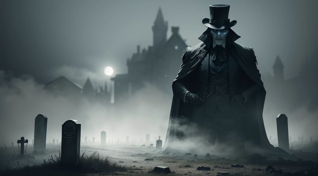 (best quality,4k,highres,masterpiece:1.2),dark and mysterious landscape,white guy wearing a black cape on the outside and white on the inside,black top hat on his head, sitting on a black tombstone with an open grave underneath, illuminated by moonlight, with fog rolling in,hauntingly beautiful,horror genre,ultra-detailed tombstone and grave,gloomy atmosphere,spooky lighting,night scene,creepy and surreal,macabre aesthetics,grim and eerie ambiance,sinister undertones,shadowy figures lurking in the background