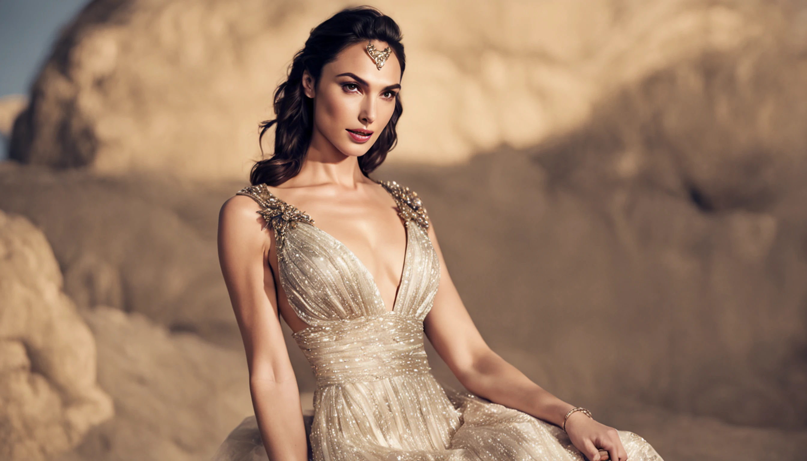 (uma linda mulher morena estilo Gal gadot, em um vestido elegante e longos cachos) e (cercado pela luz do sol dourada) e (Idyllic natural landscape)