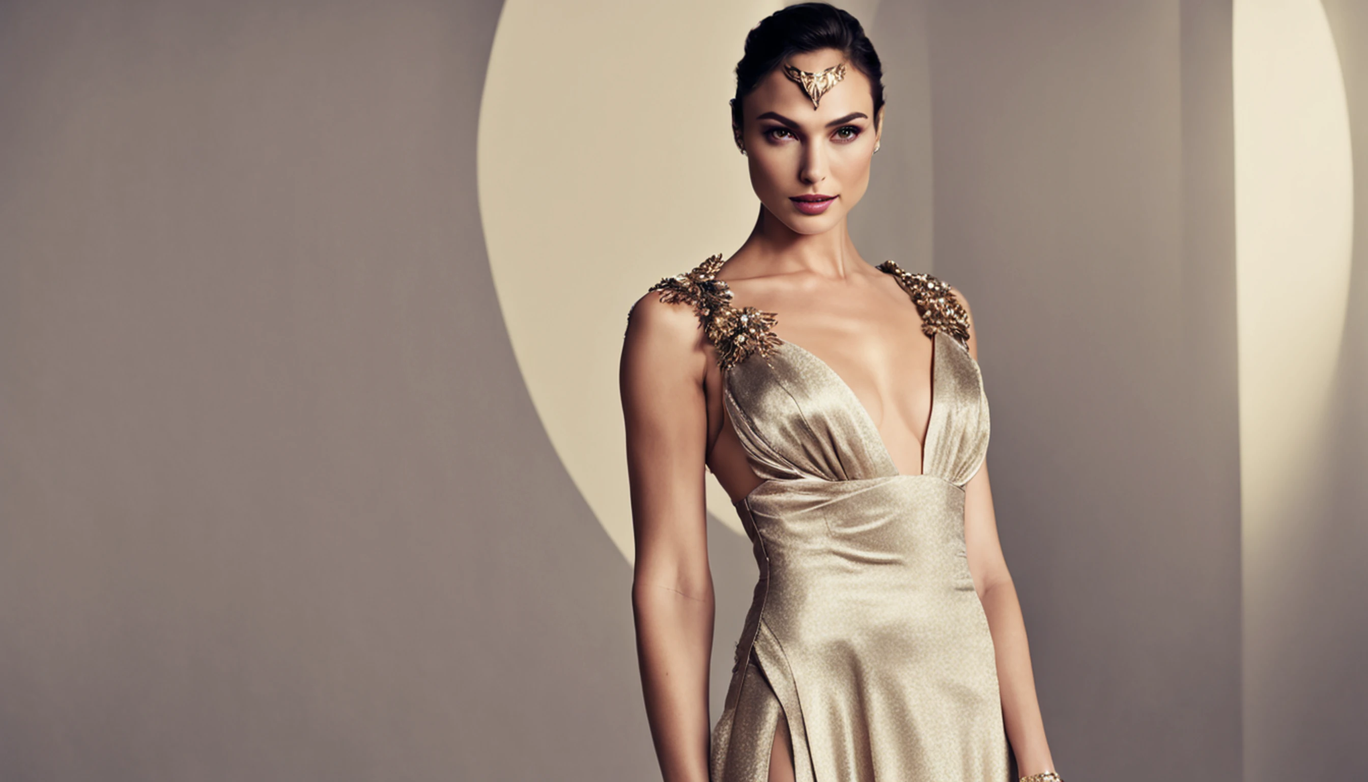(uma linda mulher morena estilo Gal gadot, em um vestido elegante e longos cachos) e (cercado pela luz do sol dourada) e (Idyllic natural landscape)