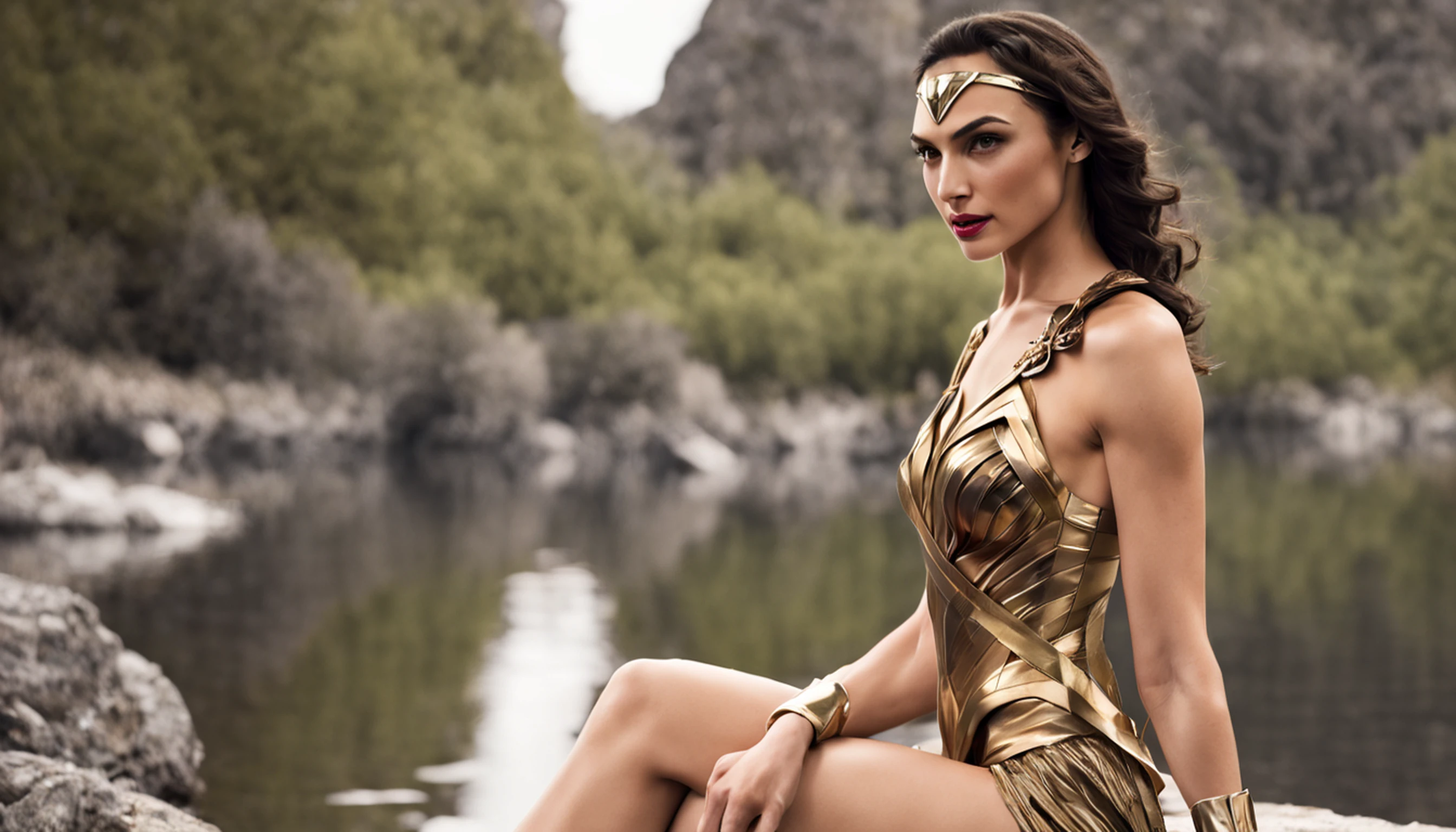 (uma linda mulher morena estilo Gal gadot, em um vestido elegante e longos cachos) e (cercado pela luz do sol dourada) e (Idyllic natural landscape)