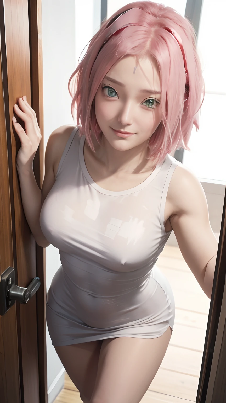 Sakura Uchiha.  a woman was standing in the doorway.  Yes, she is seen wearing a very thin and tight silver dress.  accentuates her curves.  dam makes her round and big breasts traced.  she has short pink hair.  which is straight and untied.  she also has skin as white as snow.  With tiny red lips.  and Cabi's cheeks flushed.  he smiled.  and looked at the camera.  so beautiful and realistic