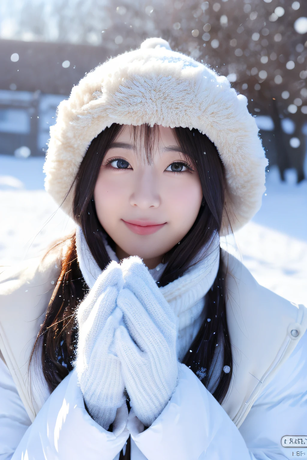 ((top-quality、8K、masuter piece:1.3))、(Beautiful, Realistic Japan),1 female、Winter coat、(爆乳:1.2)、muffler、Yarn hat、gloves、hyperdetailed face、High detailed lips、A detailed eye、二重まぶた 、snowflakes falling、White breath、sideways Facing、look up sky、large tree、naturey、kou、a white world、White sweetheart、love letter、first love、