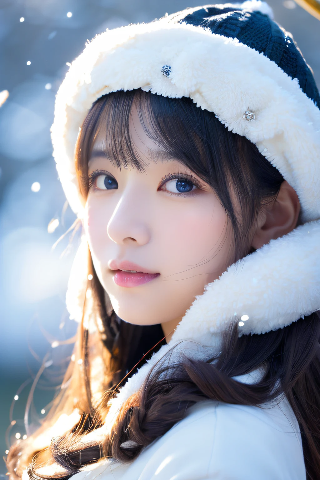 ((top-quality、8K、masuter piece:1.3))、(Beautiful, Realistic Japan),1 female、Winter coat、(爆乳:1.2)、muffler、Yarn hat、gloves、hyperdetailed face、High detailed lips、A detailed eye、二重まぶた 、snowflakes falling、White breath、sideways Facing、look up sky、large tree、naturey、kou、a white world、White sweetheart、love letter、first love、