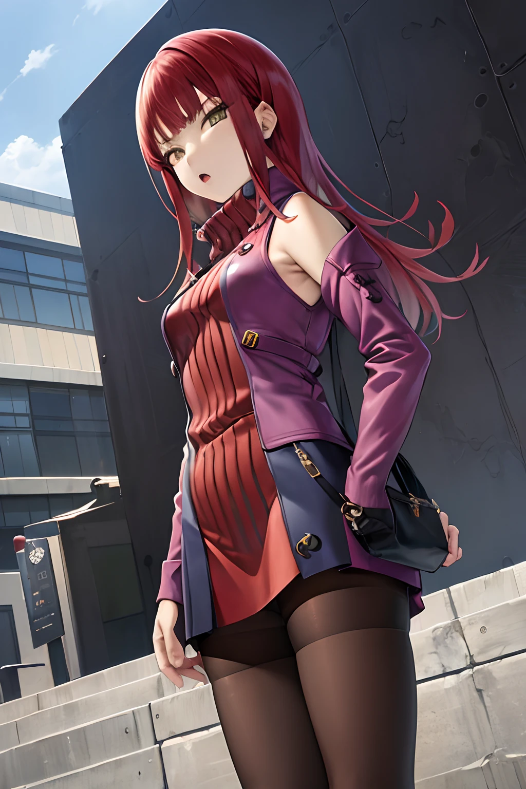 masutepiece, Best Quality, absurderes, Perfect Anatomy, 1girl in, Solo, Yoko Katori, Long hair, Knitted Outerwear、((a miniskirt)), ((pantyhose))、((long boots))、((sleeveless jacket))、((Photo from below))、((Show panties))