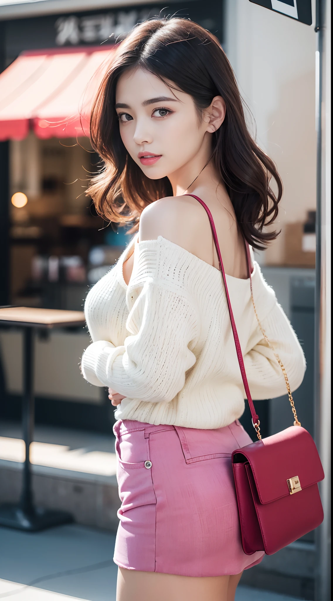 (8K,Raw photo、Raw photo、top-quality、Master masterpiece:1.2)、ultra-detailliert、Super Resolution、(Photorealsitic:1.3)、Angle to shoot from the front、Clearly draw shades of light、high resolution RAW color photos、professional photograpy、Same skin type as humans、Female proofreading of Japan from head to waist、Blur the background、Draws faithfully to anatomy、cafes、Very detailed and beautiful、Ultra-high image quality、long、Hair swaying and sexy、Very detailed beautiful girl、(Pink Eye Shadow)、smil、Plain clothe、Park on a sunny day、Loosely curly hair、Sweaters、high-heels、a miniskirt、Shoulder bag