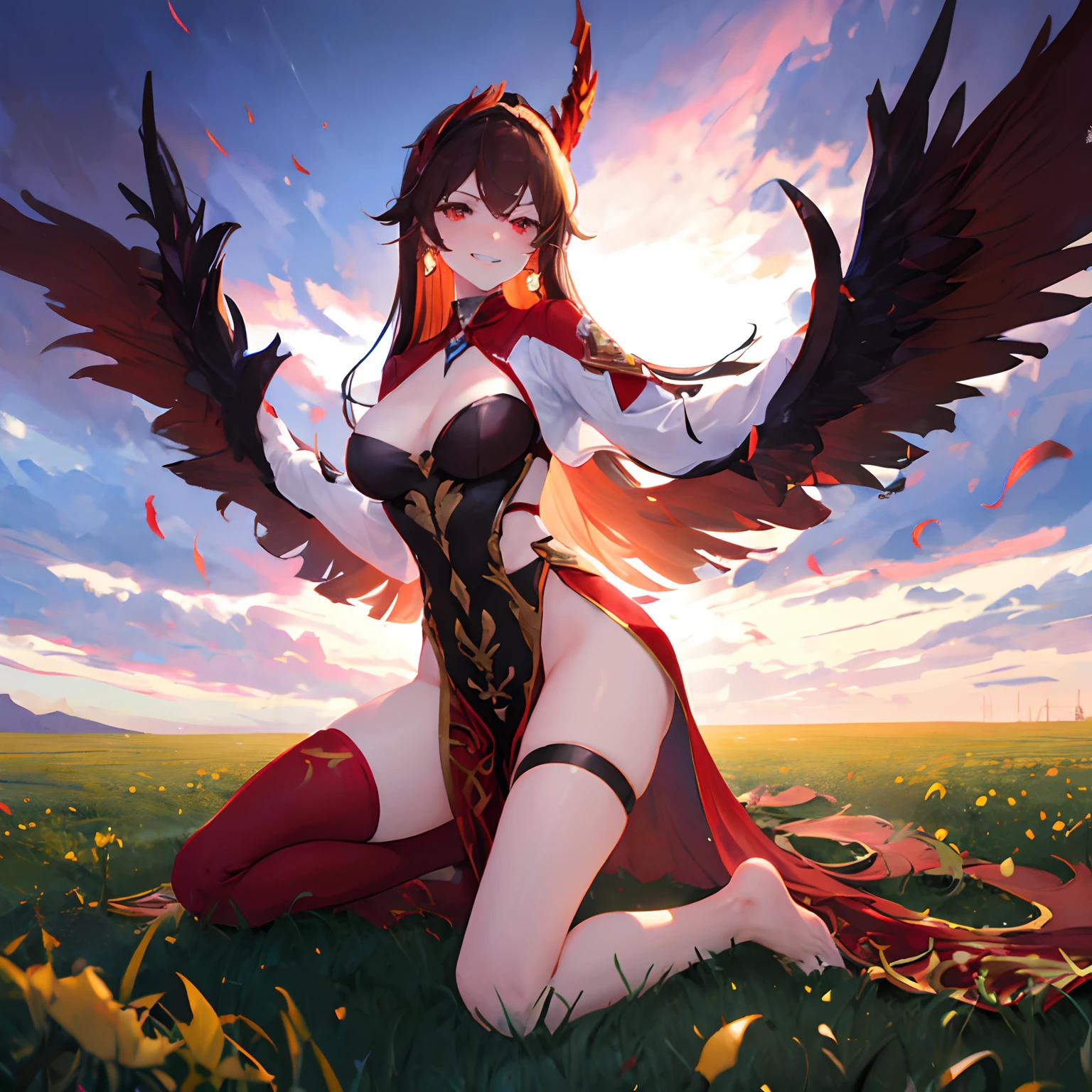 1 girl, solo, Amber, Genshin Impact, fiery brown hair, red eyes, medium breasts, goddess of fire, partially naked, threaded divine outfit, tight shirt around breasts, golden earrings, gorgeous girl, long straight hair, white legwear, barefoot, (red_flames:1.4), ashes in the sky, dark_sky, black sun, grass field on fire in background, smirk, grin