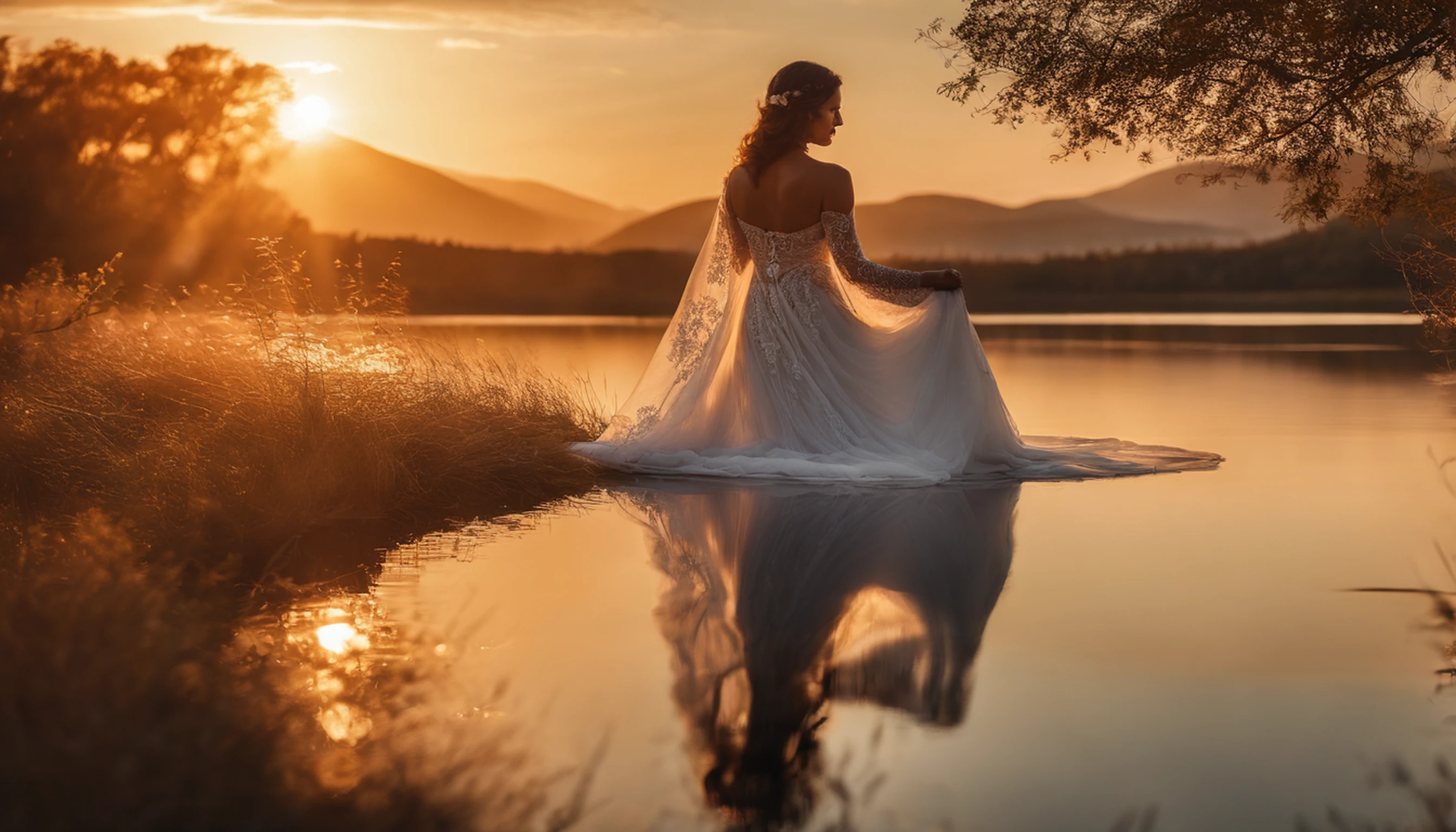 1 girl, serene expression, olhos hipnotizantes, Cabelos longos lisos, Flowing dress, postura equilibrada, Pele de Porcelana, blush sutil, pingente de cristal BREAK golden hour, (Rim lighting):1.2, tons quentes, Brilho solar, sombras suaves, cores vibrantes, painterly effect, dreamy atmosphere BREAK scenic lake, montanhas distantes, Salgueiro, calm water, reflection, nuvens iluminadas pelo sol, ambiente tranquilo, idyllic sunset, ultra detalhado, Arte Oficial, Unity 8k papel de parede , Zentangle, mandala