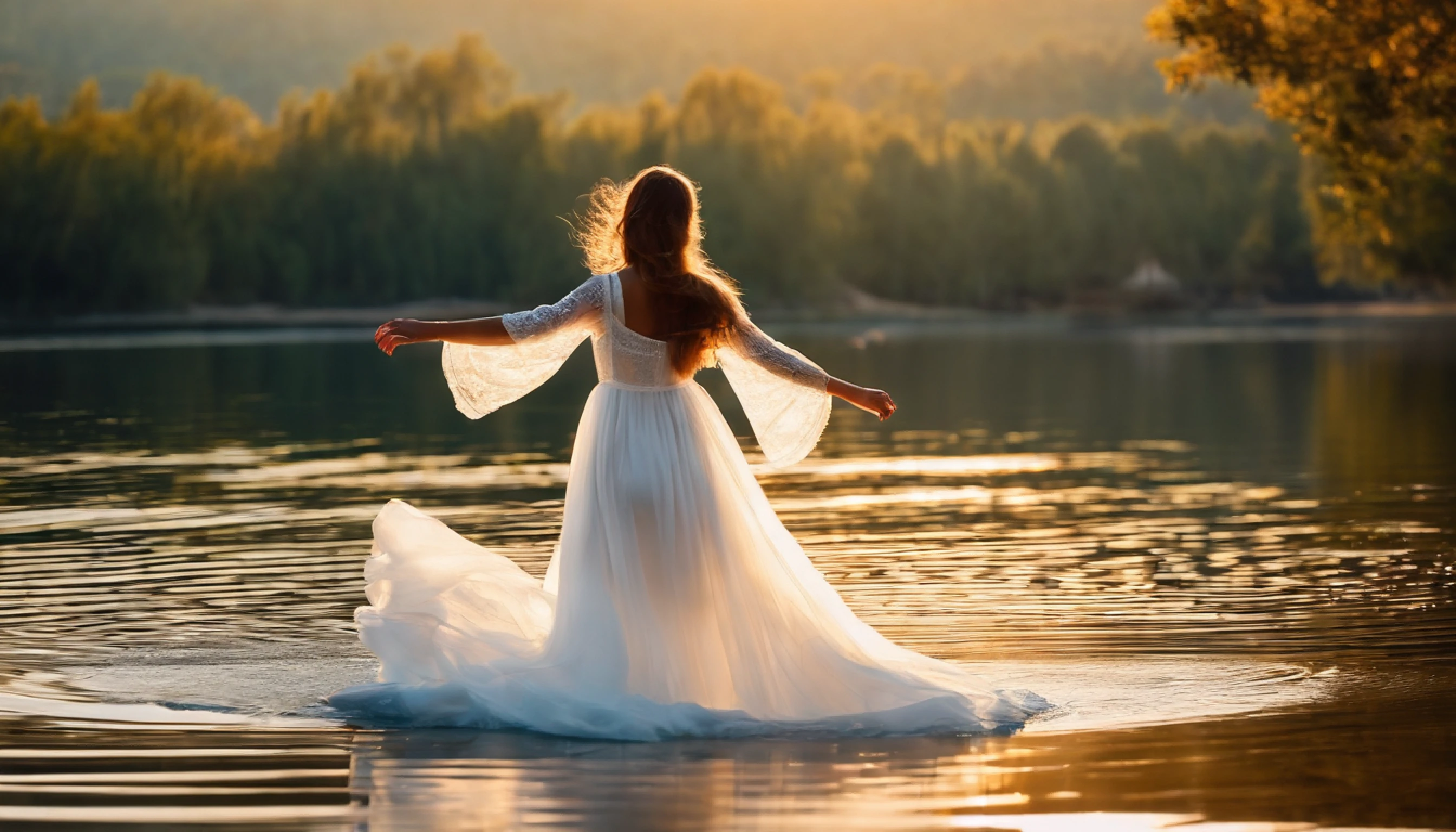 Girl Frolicking with Water, 独奏, Dressed in a white dress, lake, Elegant, artistic,  (Photorealsitic: 1.4), top-quality, ​masterpiece, ultra-detailliert, lighting like a movie