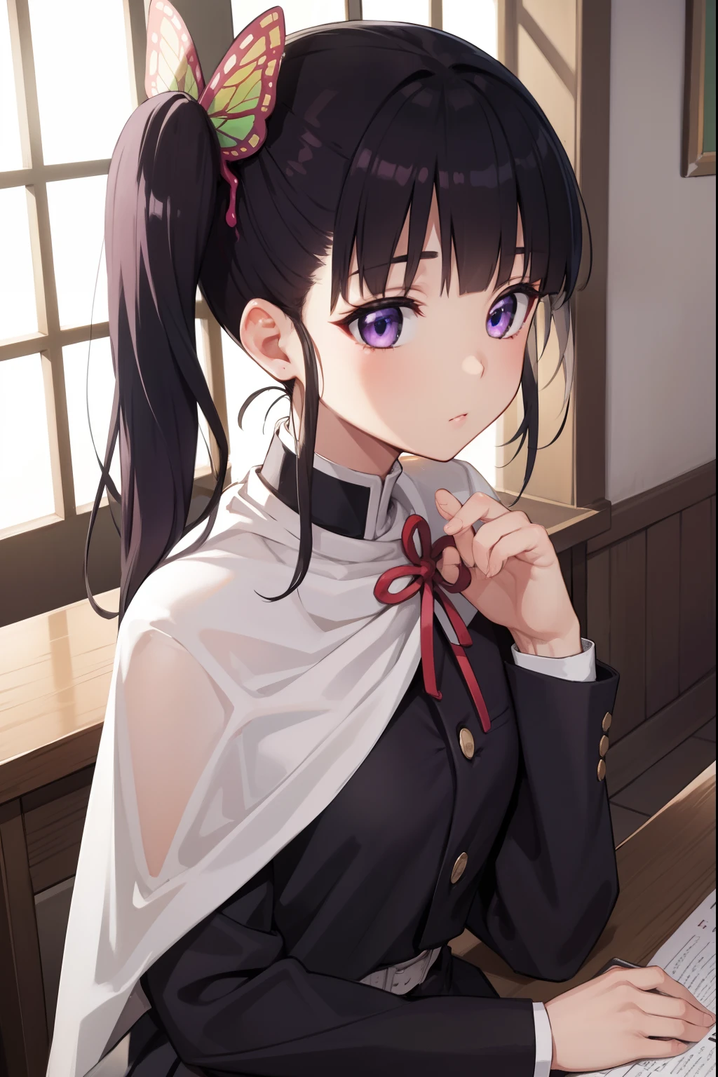 kanaotsuyuri, kanao tsuyuri, black hair, butterfly, butterfly hair ornament, (purple eyes:1.1), side ponytail, ponytail, 
BREAK black skirt, cape, demon slayer uniform, long sleeves, pleated skirt, skirt, white cape,
BREAK looking at viewer,
BREAK indoors, classroom,
BREAK (masterpiece:1.2), best quality, high resolution, unity 8k wallpaper, (illustration:0.8), (beautiful detailed eyes:1.6), extremely detailed face, perfect lighting, extremely detailed CG, (perfect hands, perfect anatomy),