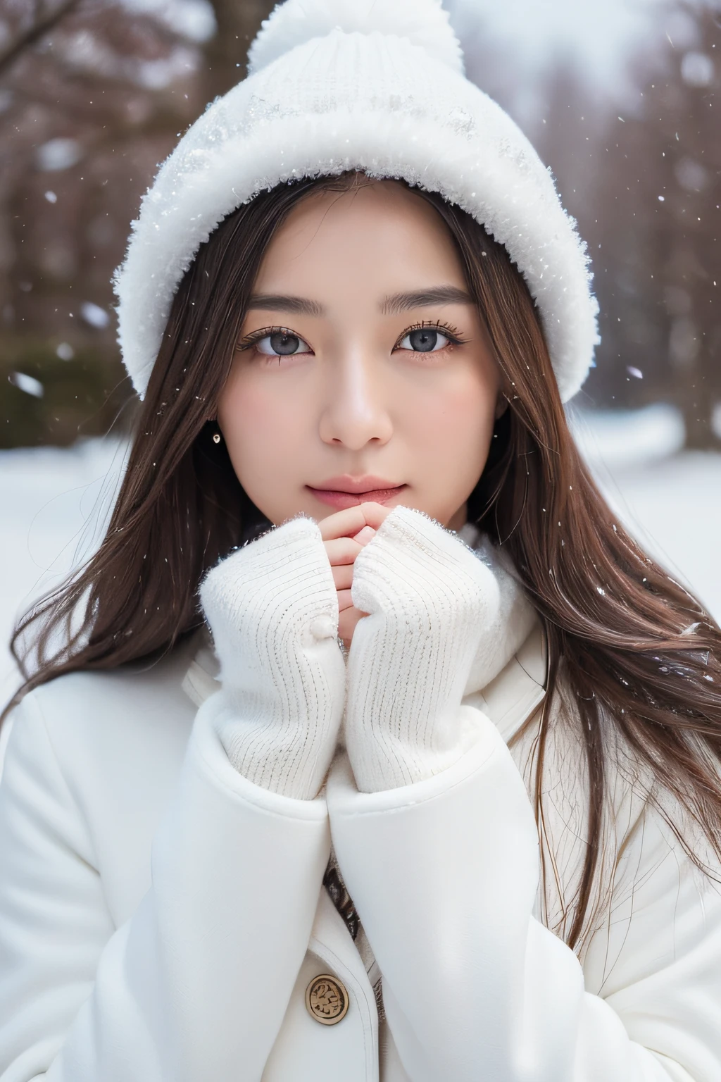 ((top-quality、8K、masuter piece:1.3))、(Beautiful, Realistic Japan),1 female、Winter coat、(爆乳:1.2)、muffler、Yarn hat、gloves、hyperdetailed face、High detailed lips、A detailed eye、二重まぶた 、snowflakes falling、White breath、sideways Facing、look up sky、large tree、naturey、kou、a white world、White sweetheart、love letter、first love、