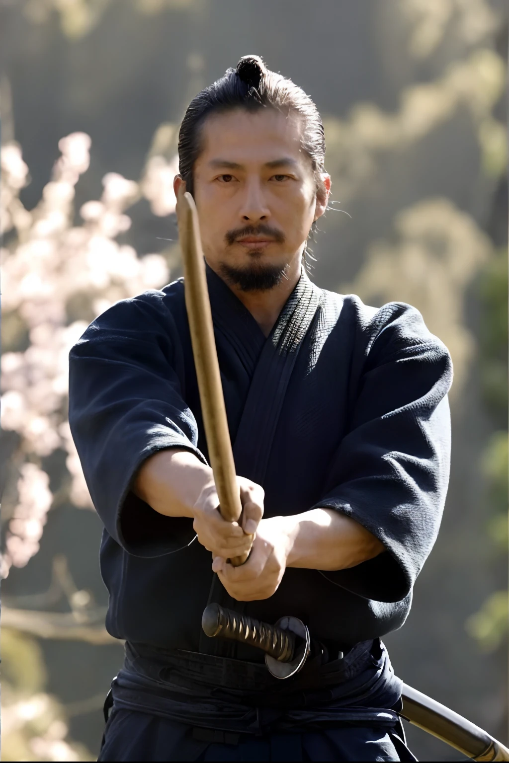 Man in a black robe holding a wooden stick, Miyamoto Musashi, Daigo Ikeno, inspired by Kanō Sanraku, As a samurai, Shikanosuke Yagaki, samurai, Tsuruta Kenji, Japanese samurai, inspired by Kanō Shōsenin, inspired by Shūbun Tenshō