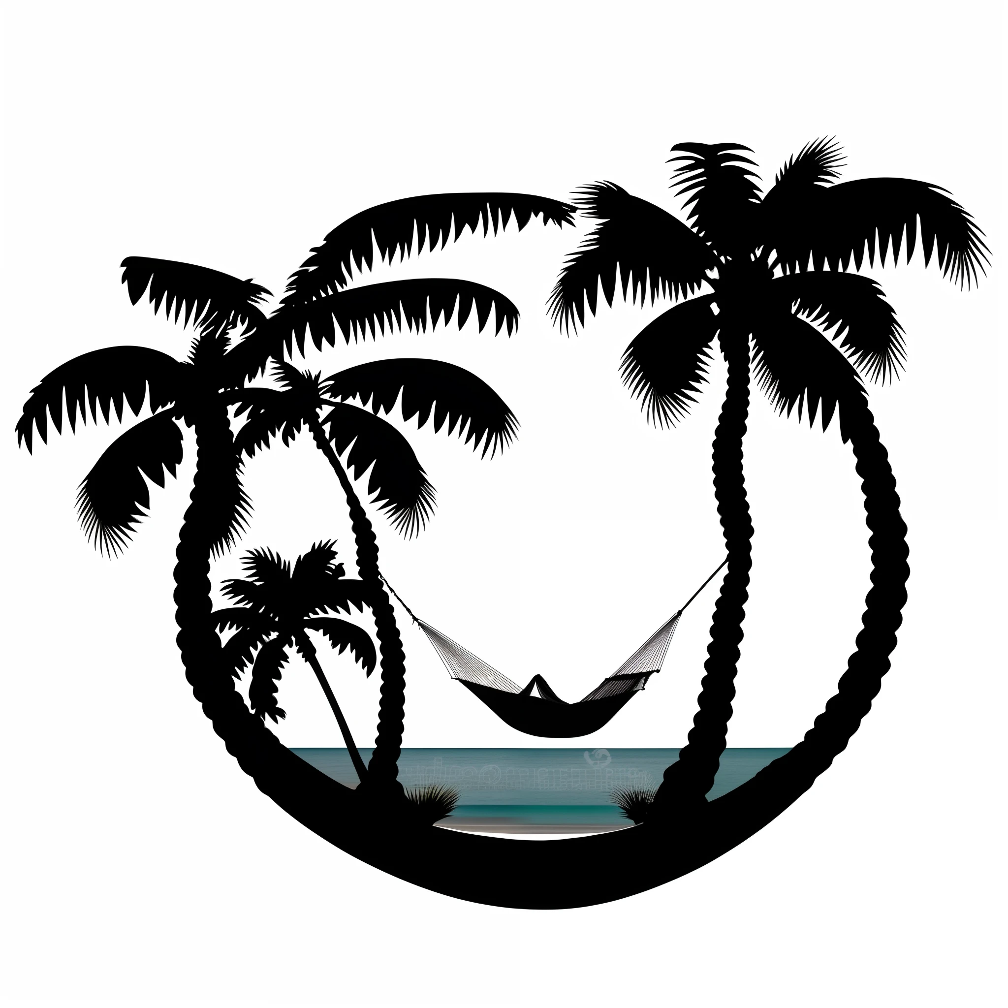 a black and white silhouette of a hammock between two palm trees, with palm trees in the back, very relaxing, vector art for cnc plasma, palm trees, palm tree, palmtrees, tropical trees, relaxing at the beach, tropical paradise, at a tropical beach, tropical palms, tropical island, relaxing, palms, palm trees on the beach, palm, tropical