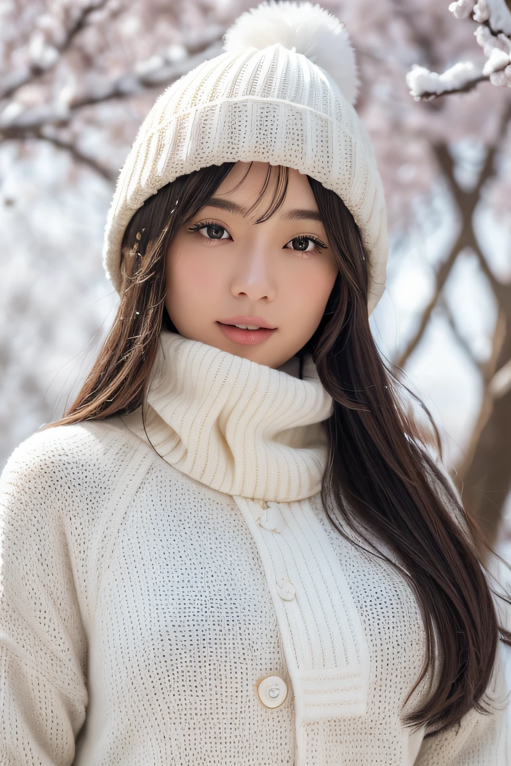 ((top-quality、8K、masuter piece:1.3))、(Beautiful, Realistic Japan),1 female、Winter coat、(爆乳:1.2)、muffler、Yarn hat、gloves、hyperdetailed face、High detailed lips、A detailed eye、二重まぶた 、snowflakes falling、White breath、sideways Facing、look up sky、large tree、naturey、kou、a white world、White sweetheart、love letter、first love、