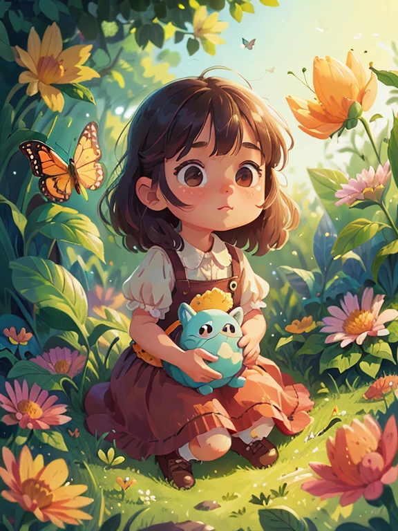 Tip: A very charming little girl enjoying a lovely summer surrounded by beautiful flowers surrounded by butterflies and nature. The illustration is a high-definition illustration in 4K resolution with highly detailed facial features and cartoon-style visuals.