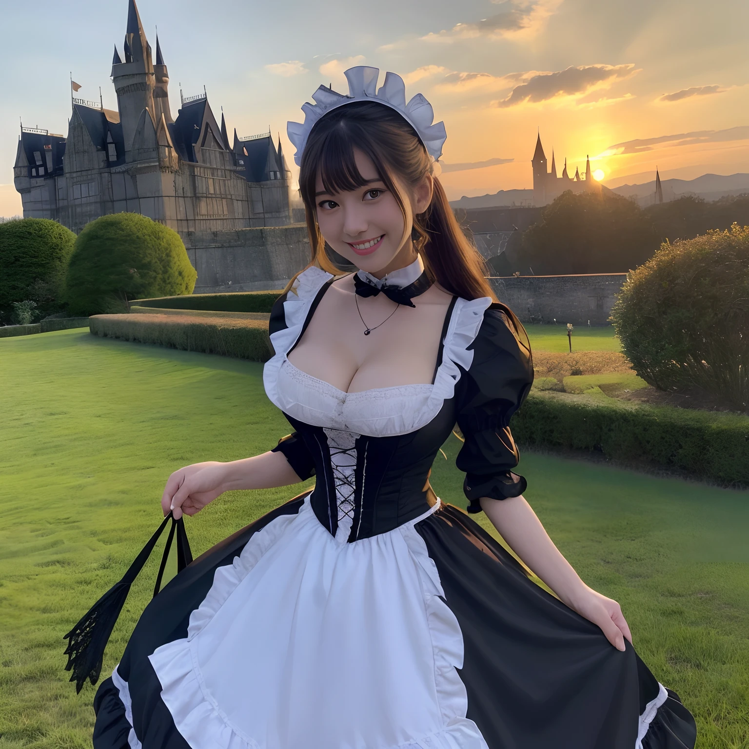 ((Best Quality, masutepiece, 超A high resolution、The most complex and detailed depictions)), ((1 Beautiful Maid,Adult maid,20yr old,Half Japan and half Spanish,victorian maid, black and white maid uniform,Maid clothes with frills,Maid outfit with big apron,Maid outfit with a big apron,Luxury Maid Clothing,Long skirt, Victorian Maid Costume,Wearing maid clothes)),large full breasts,cleavage of the breast,Biggest smile、The happiest smile、Beautiful teeth、White teeth、Luxurious Gothic medieval European castle in background,Wicked Gothic castle,Spooky castle、Photograph the exterior of the castle、Photograph the entire exterior of the castle、dynamic compositions、Dynamic angles、Creepy and intricate castle exterior、The most complex and detailed castles、A castle with a very realistic texture、Detailed depiction of the castle in the background、Evening glow、Sparkling sunset、Brilliant sunset、Beautiful sunset、Romantic sunset